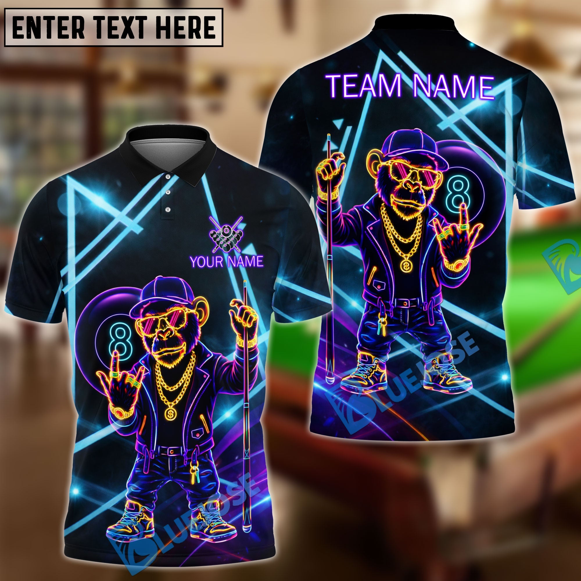 BlueJose Billiards 8 Ball Neon Monkey Retro Glow Personalized Name Shirt (4 Colors)