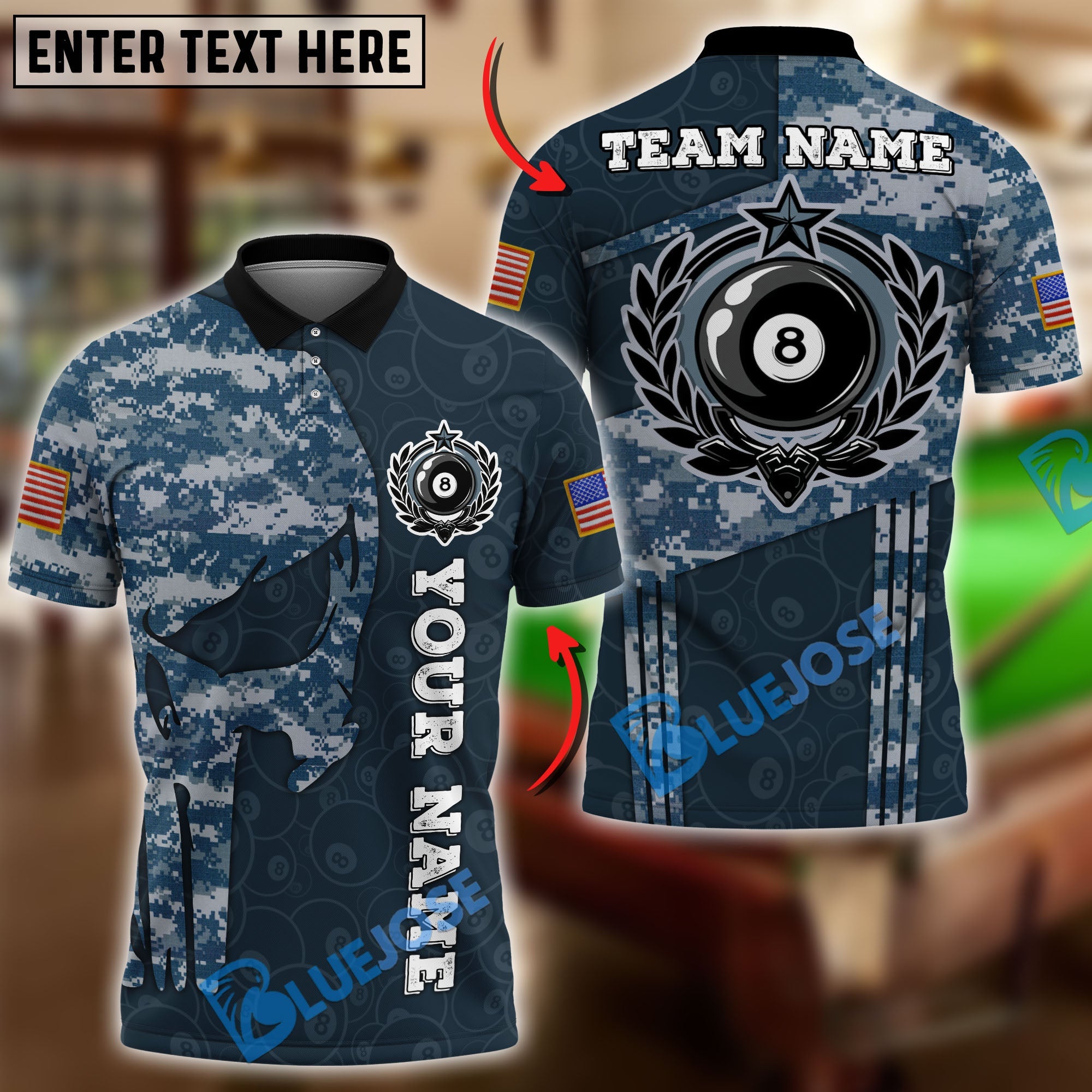 BlueJose Billiards 8 Ball Punisher Skull Camo Round Logo Personalized Name Shirt (4 Colors)