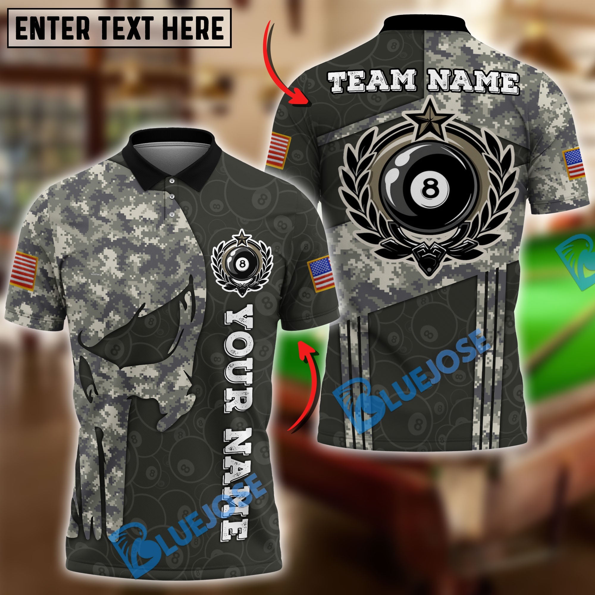 BlueJose Billiards 8 Ball Punisher Skull Camo Round Logo Personalized Name Shirt (4 Colors)