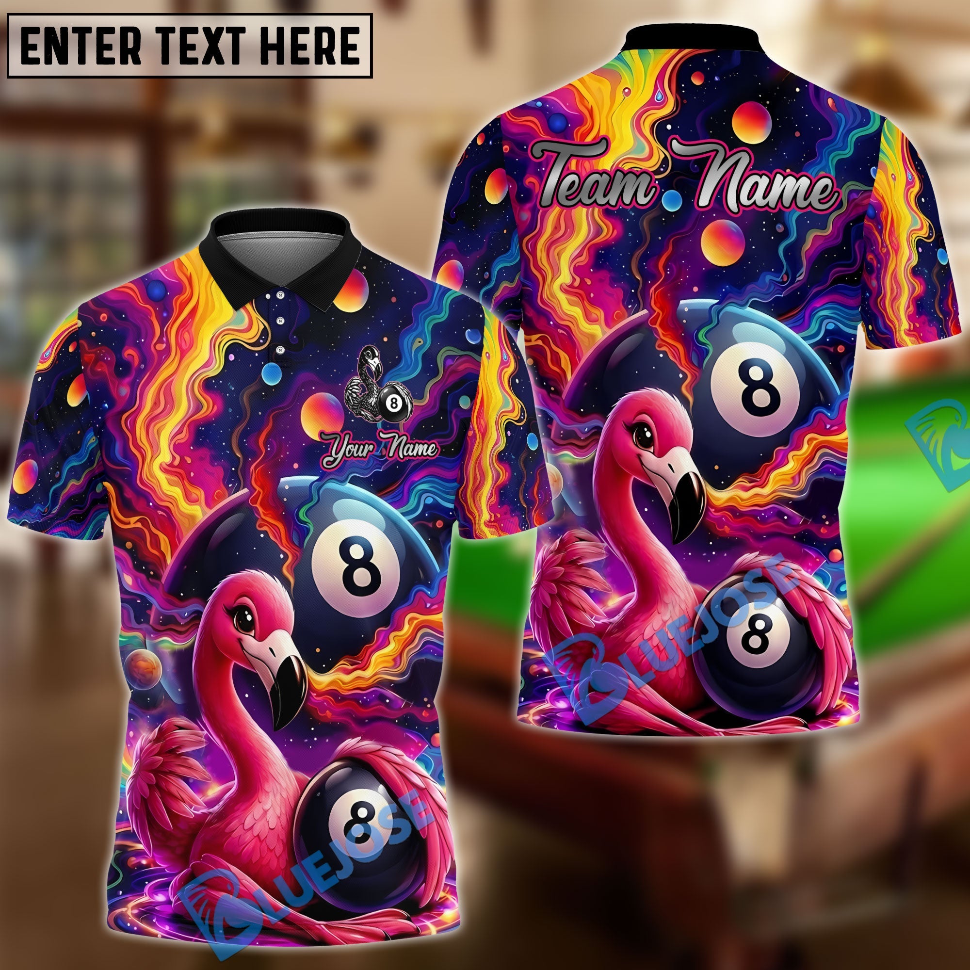 BlueJose Billiards 8 Ball Rainbow Paint Flamingo Personalized Shirt