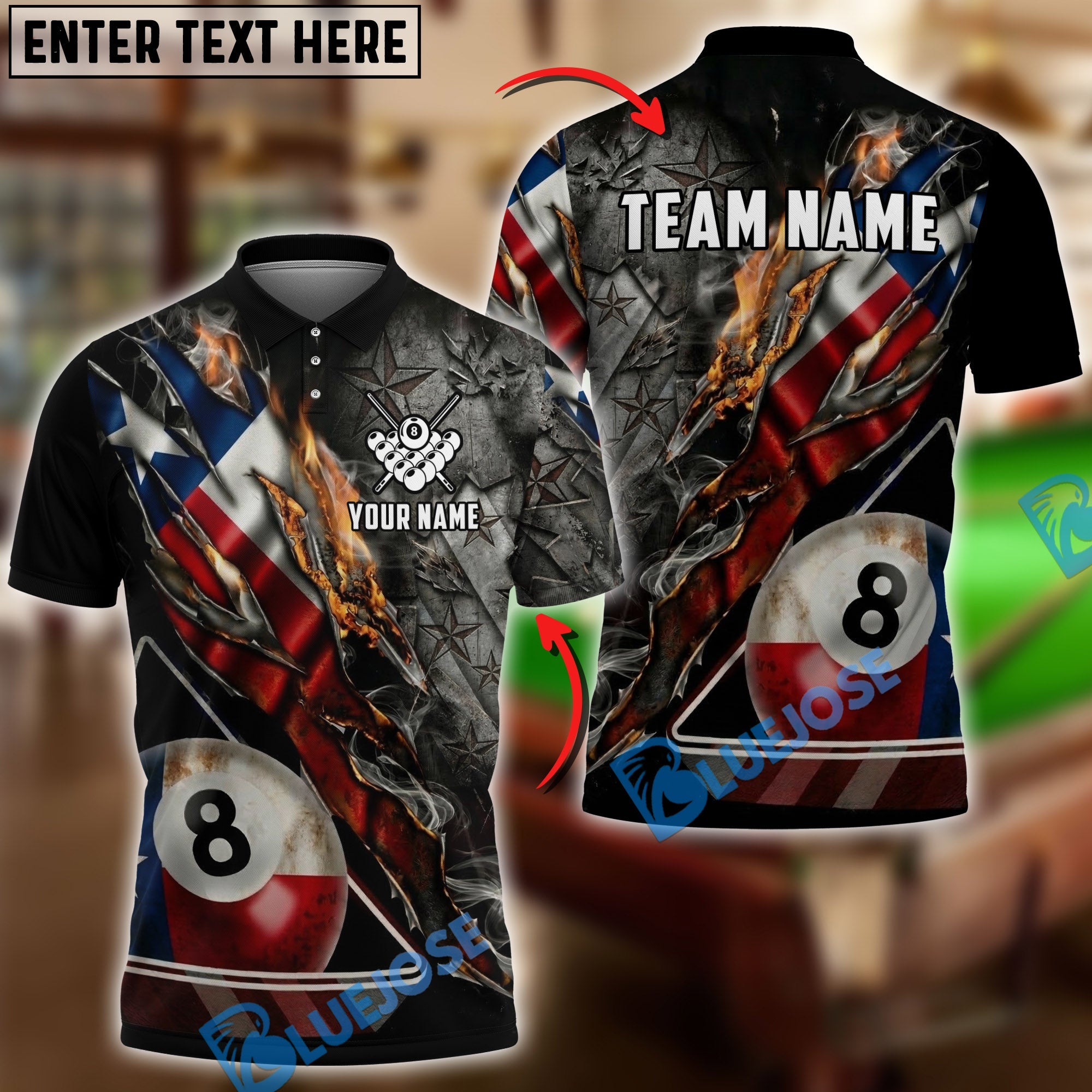 BlueJose Billiards 8 Ball Texas Flag Ripped Claw Personalized Shirt