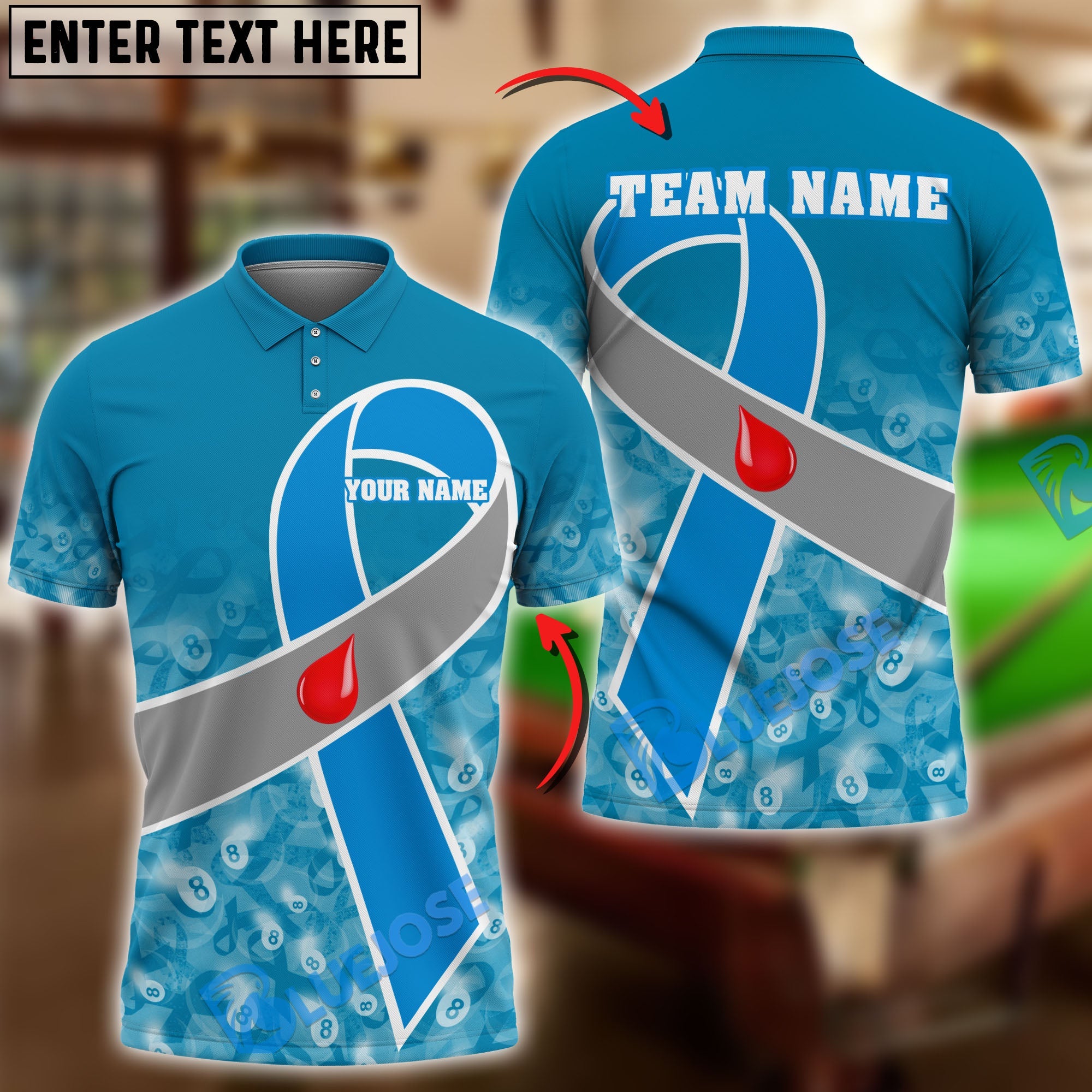 BlueJose Billiards 8 Ball Cancer Awareness Ribbon Support Personalized Name Shirt (4 Colors)