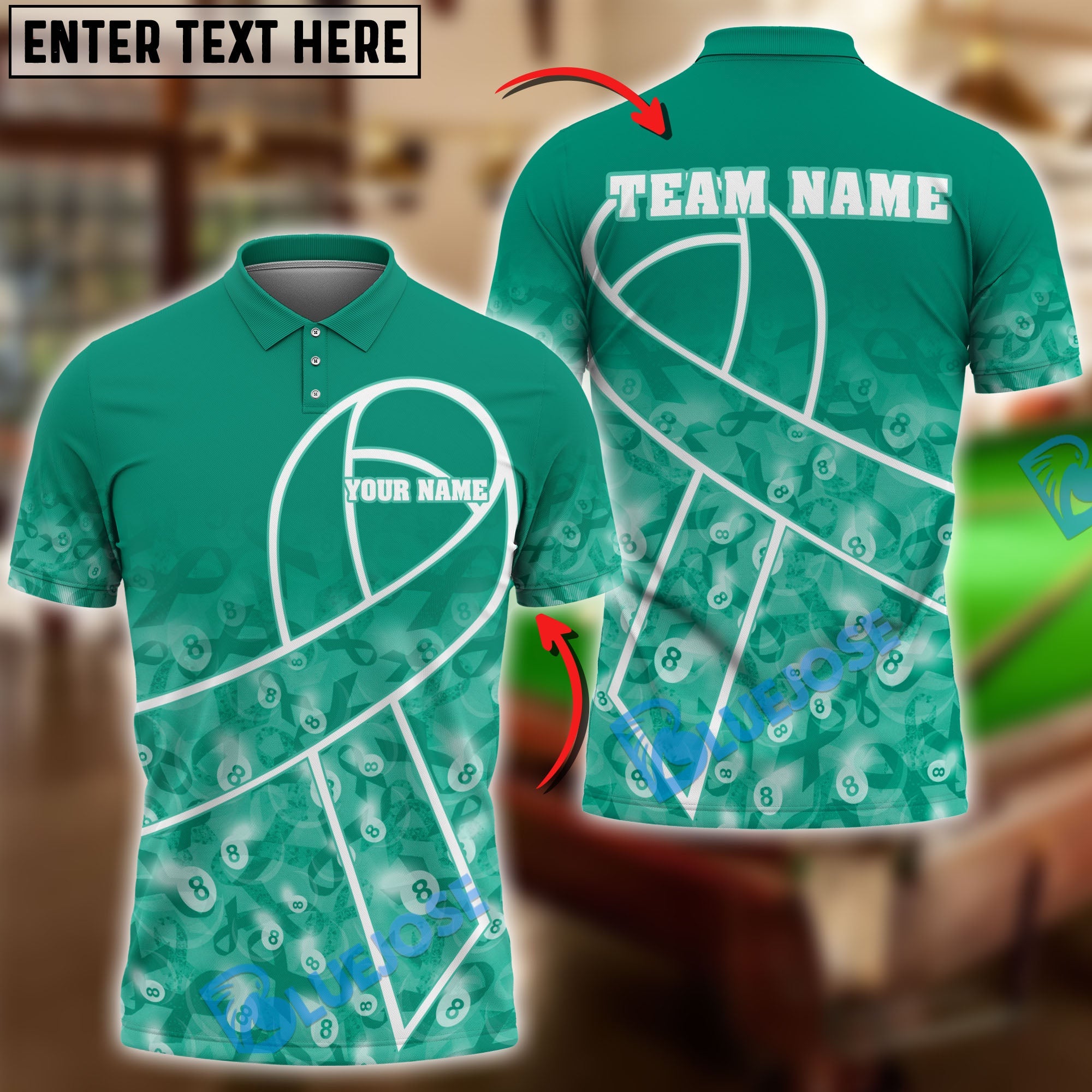BlueJose Billiards 8 Ball Cancer Awareness Ribbon Support Personalized Name Shirt (4 Colors)