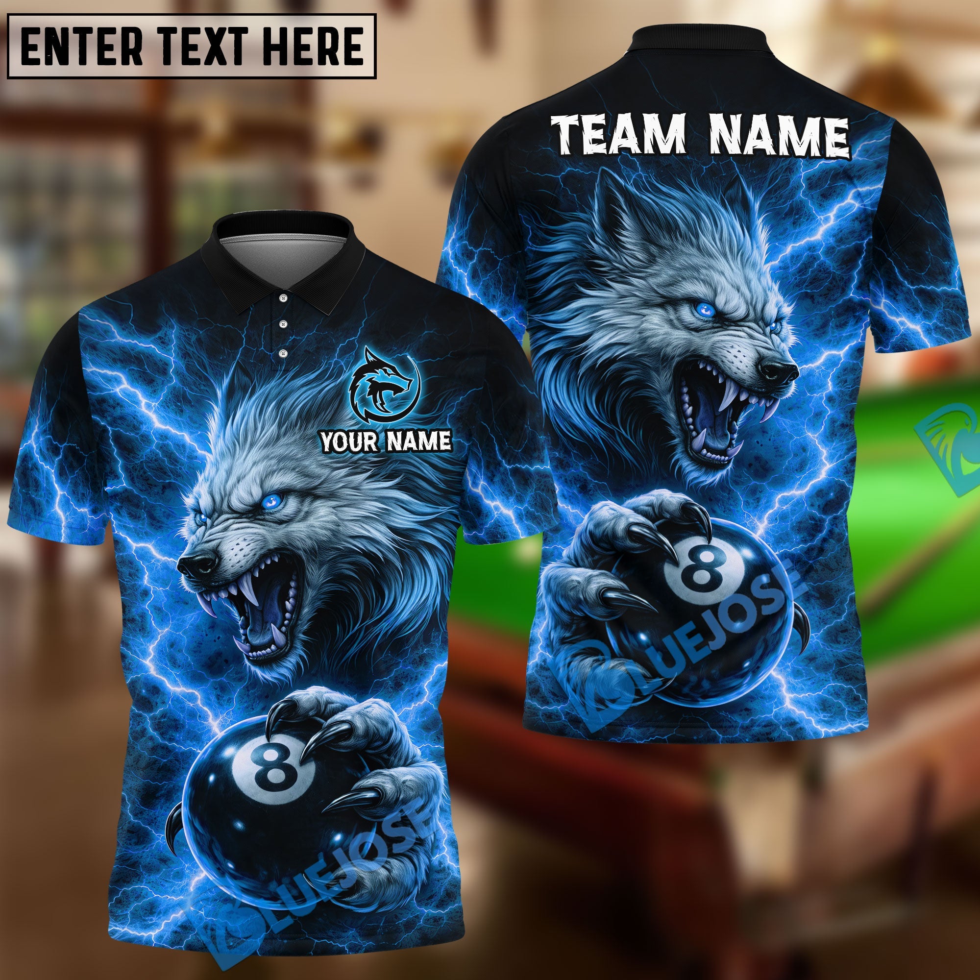 BlueJose Billiards 8 Ball Alpha Strike Lightning Wolf Personalized Name Shirt (4 Colors)