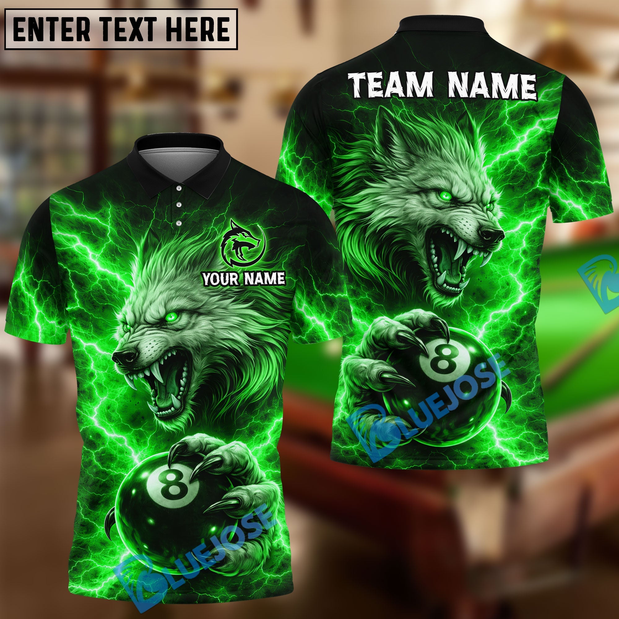 BlueJose Billiards 8 Ball Alpha Strike Lightning Wolf Personalized Name Shirt (4 Colors)