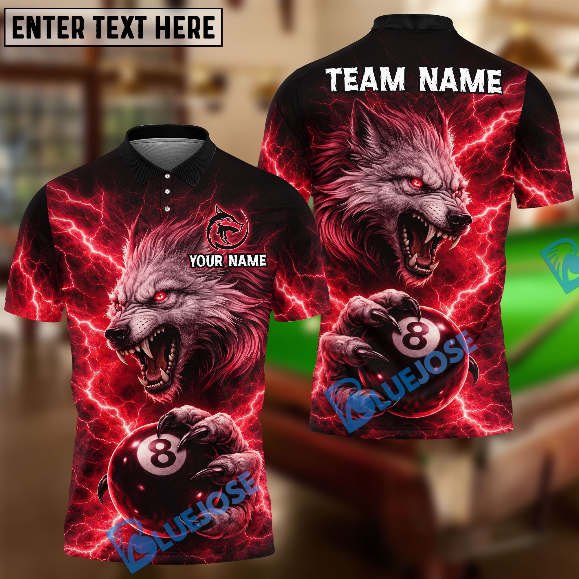 BlueJose Billiards 8 Ball Alpha Strike Lightning Wolf Personalized Name Shirt (4 Colors)