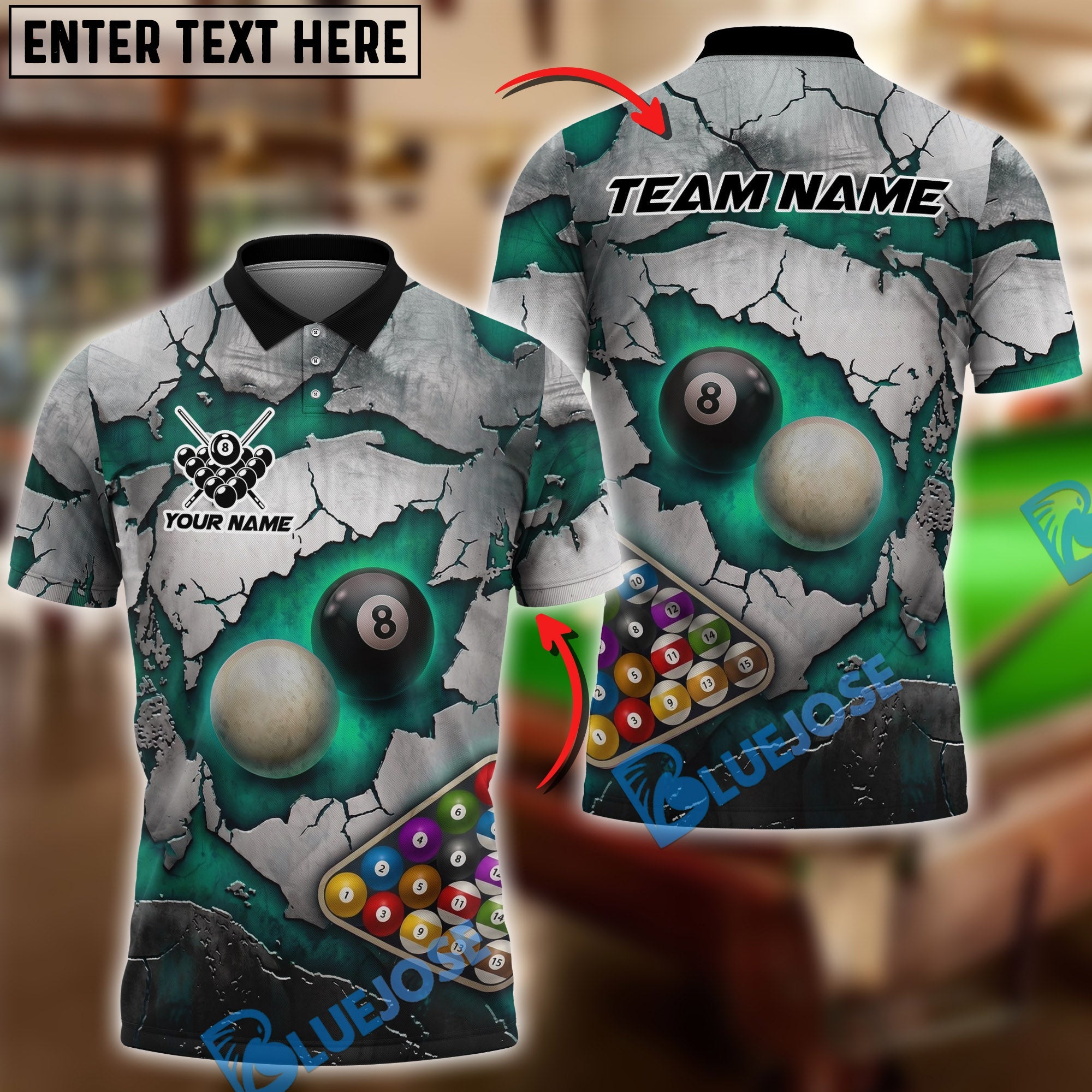 BlueJose Billiards 8 Ball Shattered Illusion Pool Personalized Name Shirt (6 Colors)