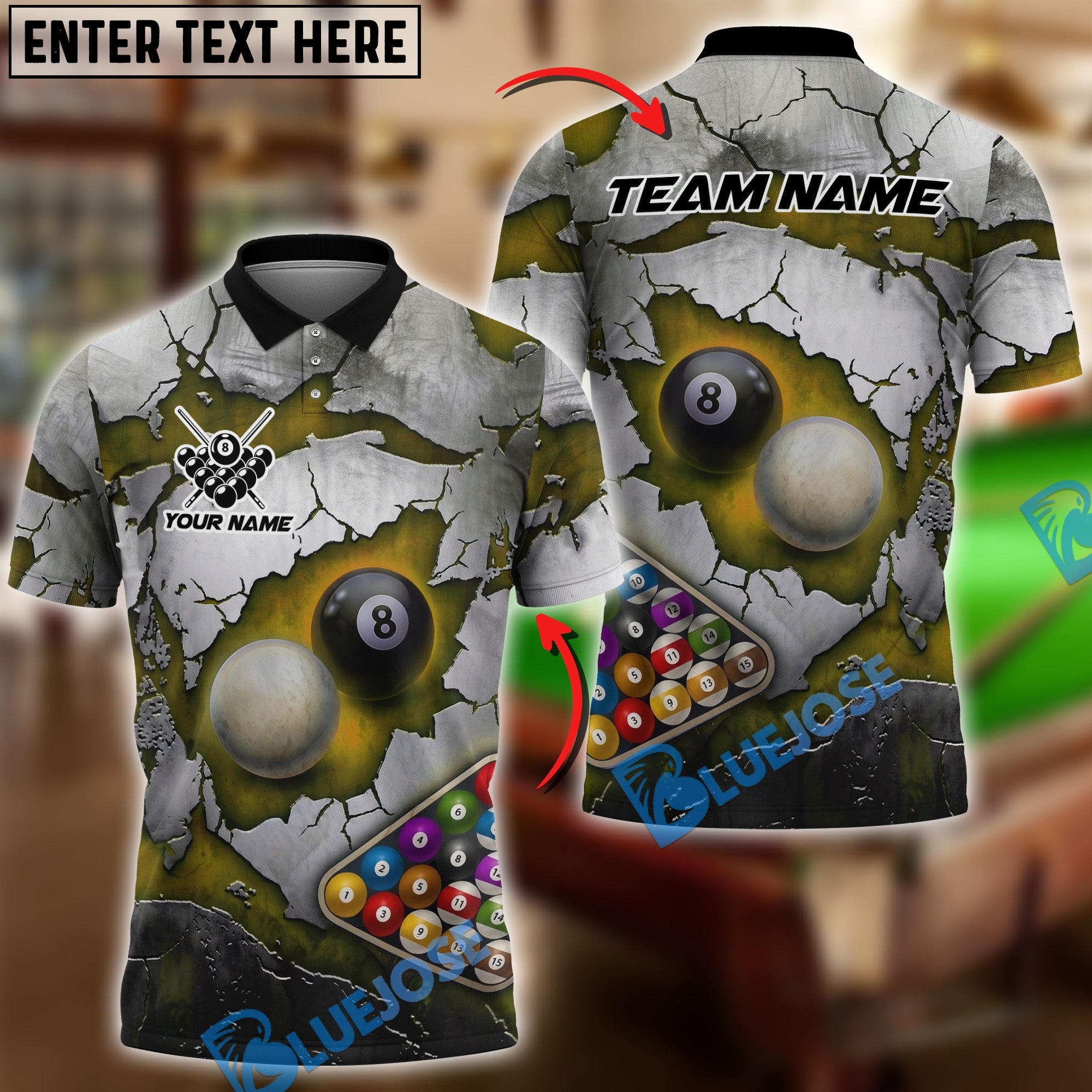 BlueJose Billiards 8 Ball Shattered Illusion Pool Personalized Name Shirt (6 Colors)