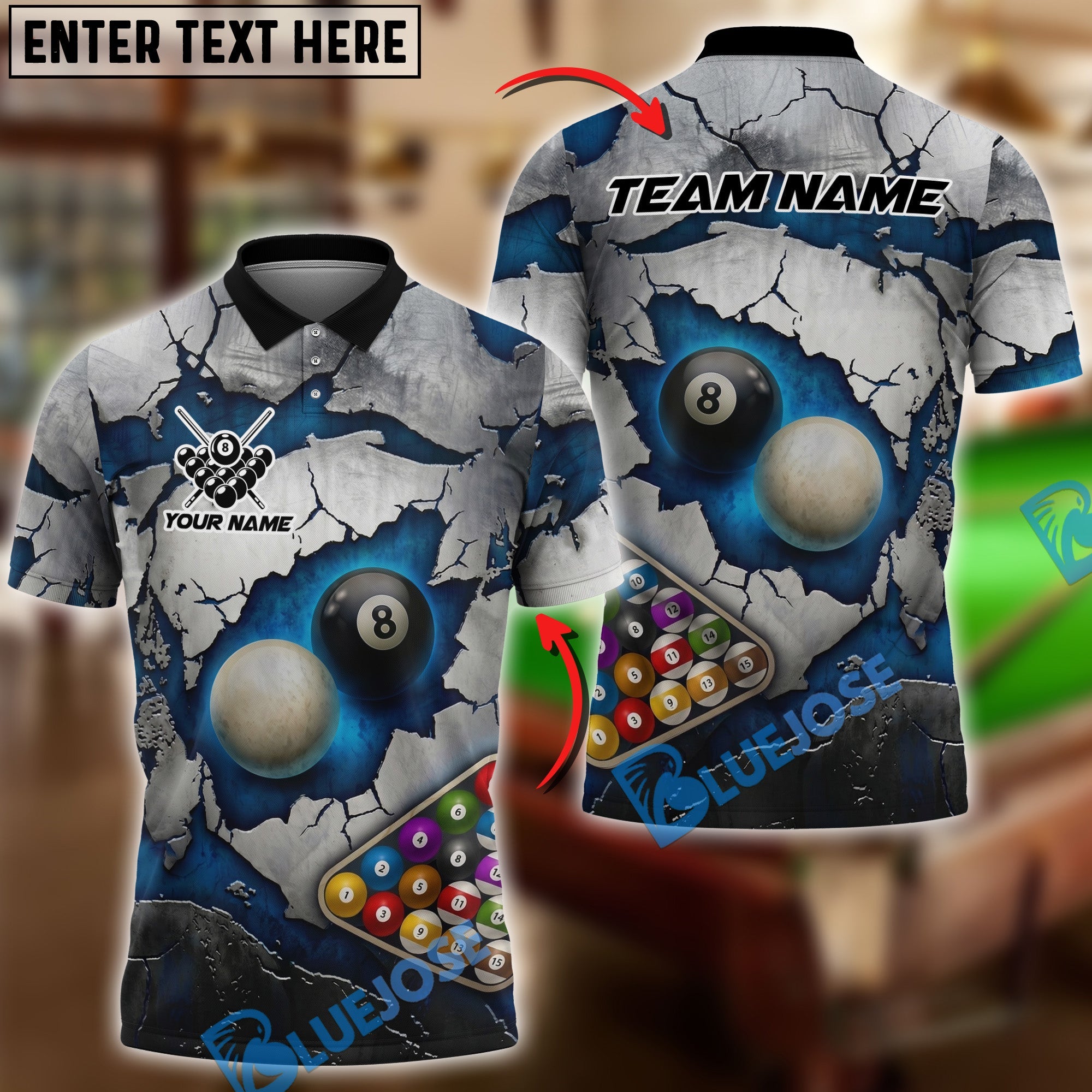 BlueJose Billiards 8 Ball Shattered Illusion Pool Personalized Name Shirt (6 Colors)