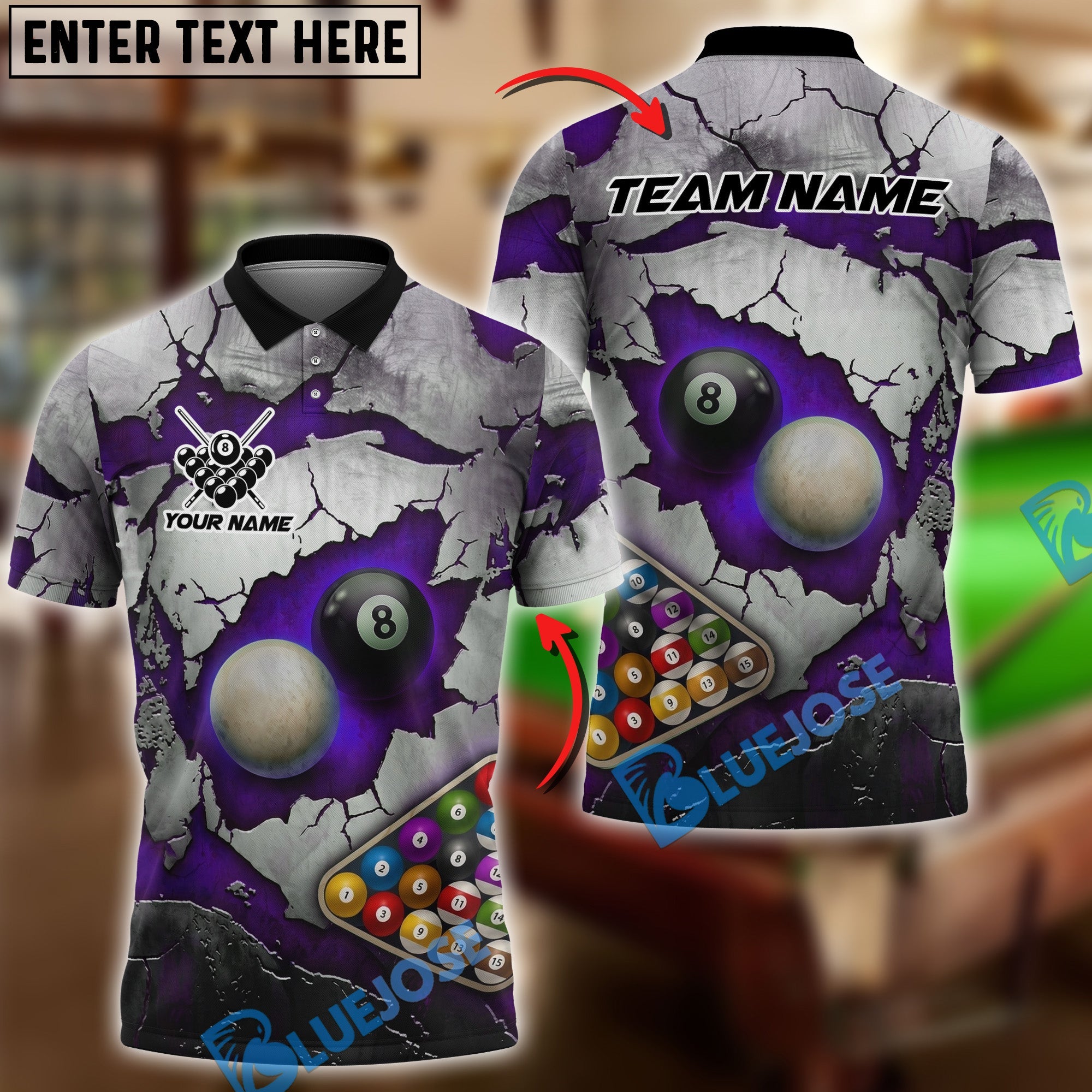 BlueJose Billiards 8 Ball Shattered Illusion Pool Personalized Name Shirt (6 Colors)