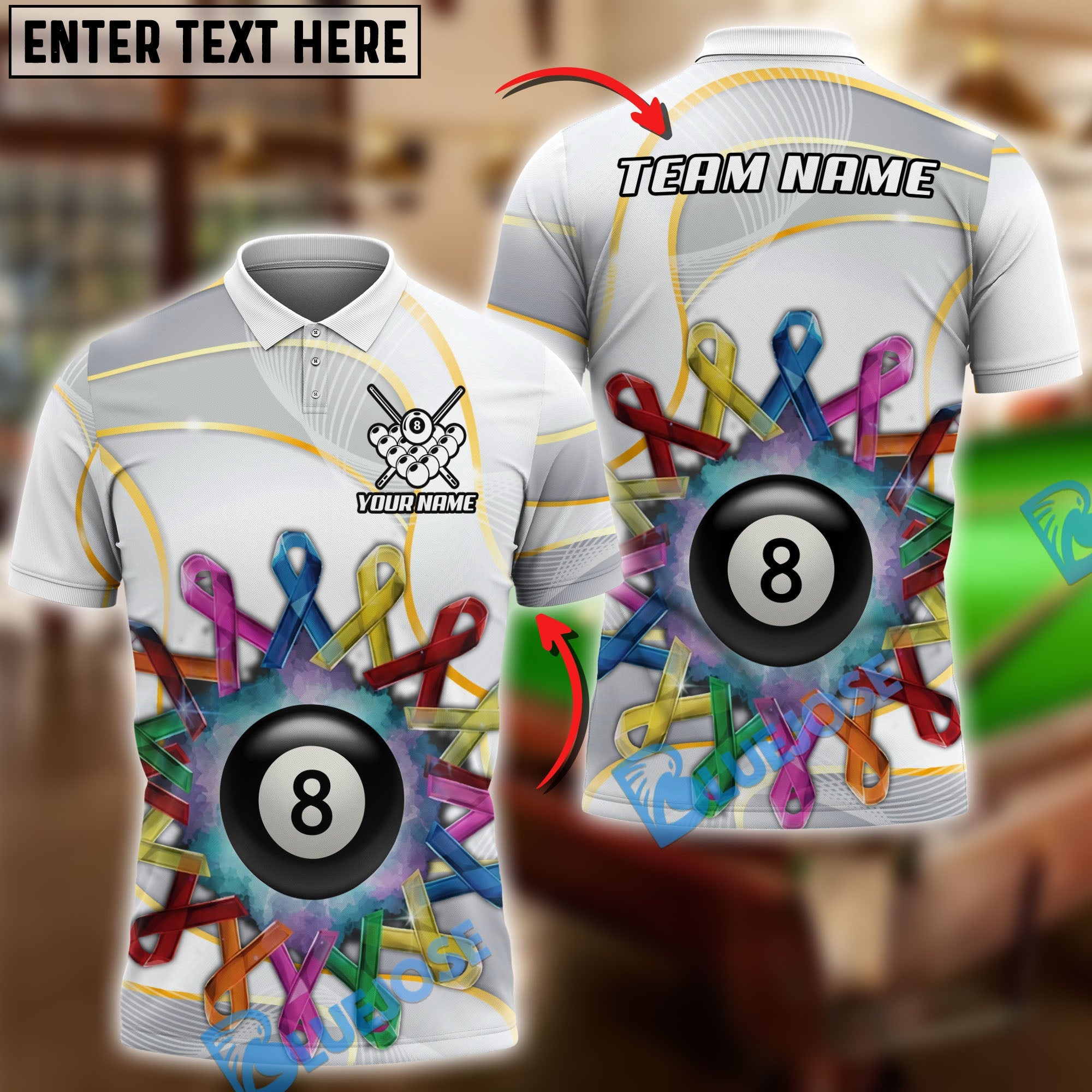 BlueJose Billiards Ball 8 Awareness Ribbons Black And White Personalized Shirt (2 Colors)
