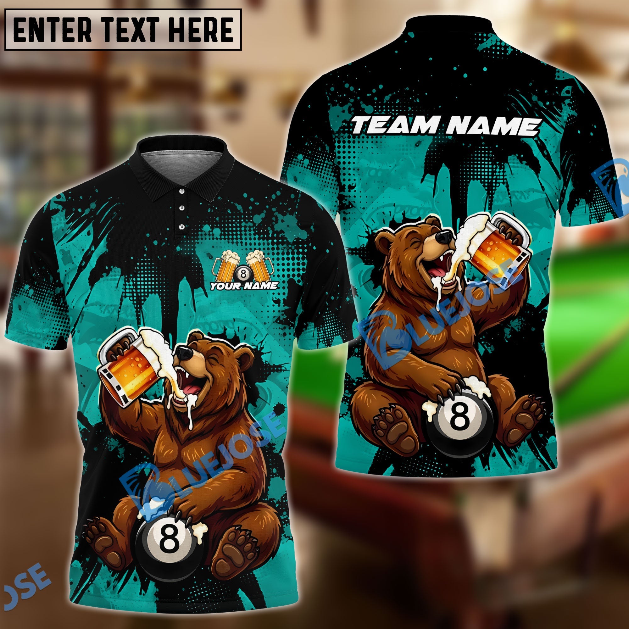 BlueJose Billiards Ball 8 Happy Beer Bear Customized Name, Team Name 3D Shirt (6 Colors)