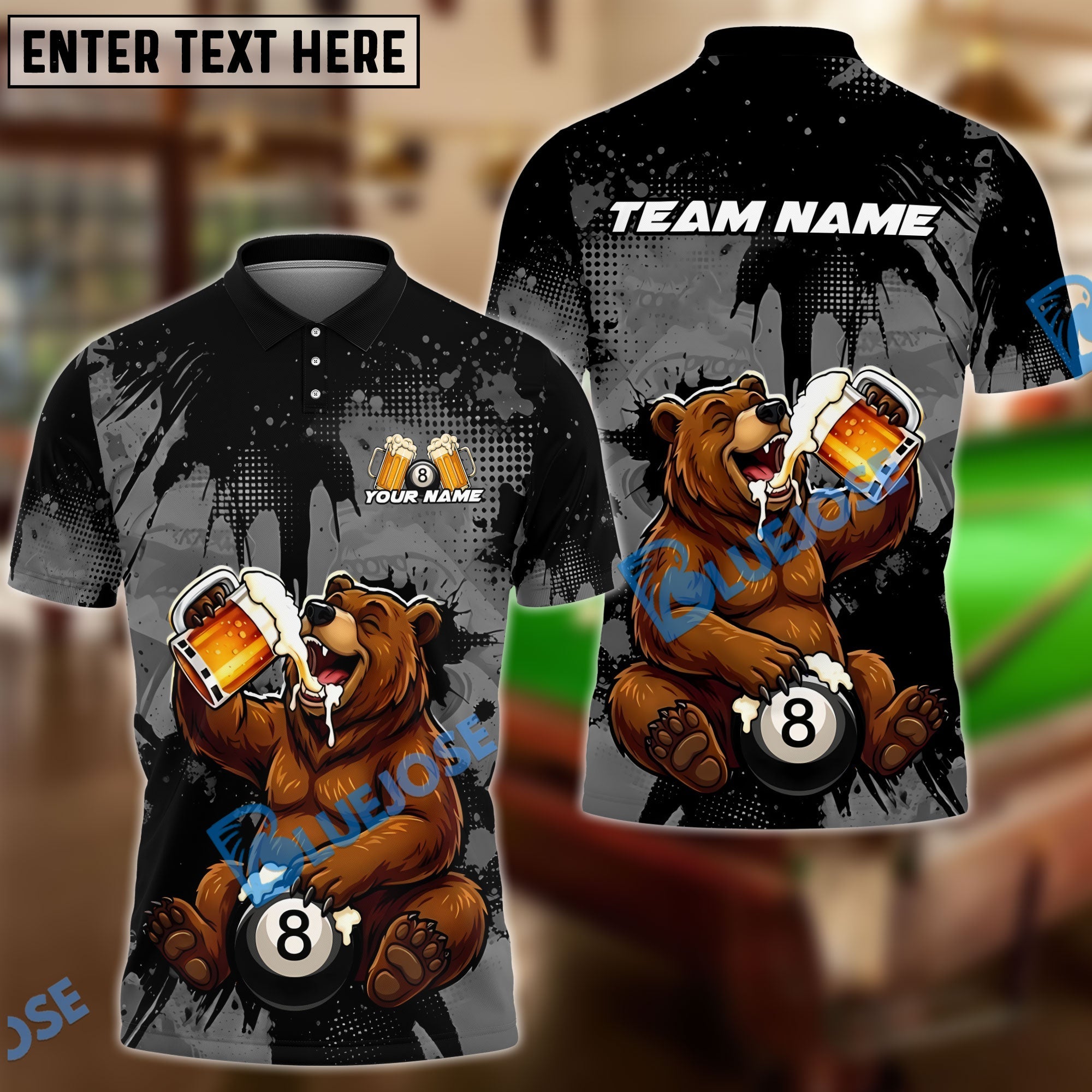 BlueJose Billiards Ball 8 Happy Beer Bear Customized Name, Team Name 3D Shirt (6 Colors)