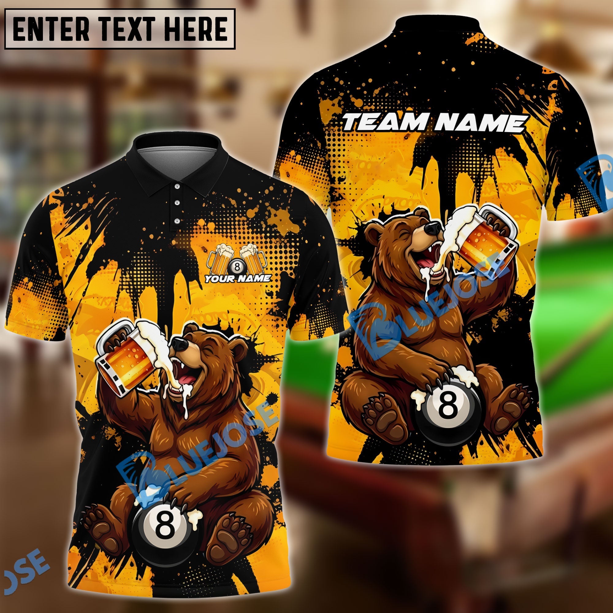 BlueJose Billiards Ball 8 Happy Beer Bear Customized Name, Team Name 3D Shirt (6 Colors)