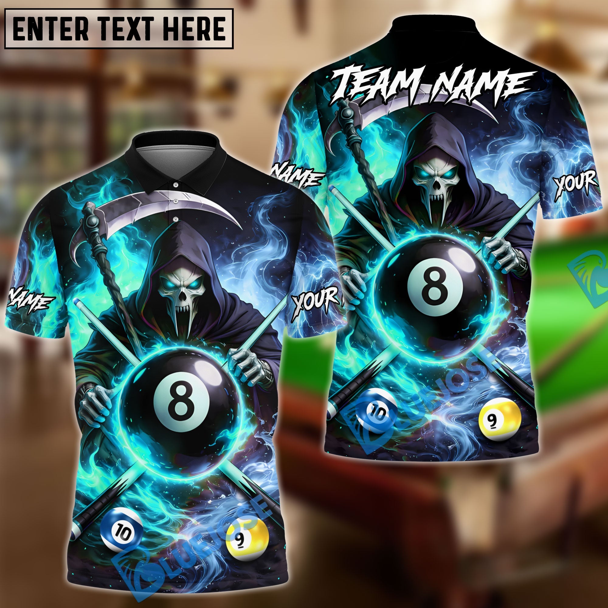 BlueJose Billiards Ball 8 & 9 & 10 Ice Smoke & Fire Reaper Skull Personalized Name Shirt (4 Colors)