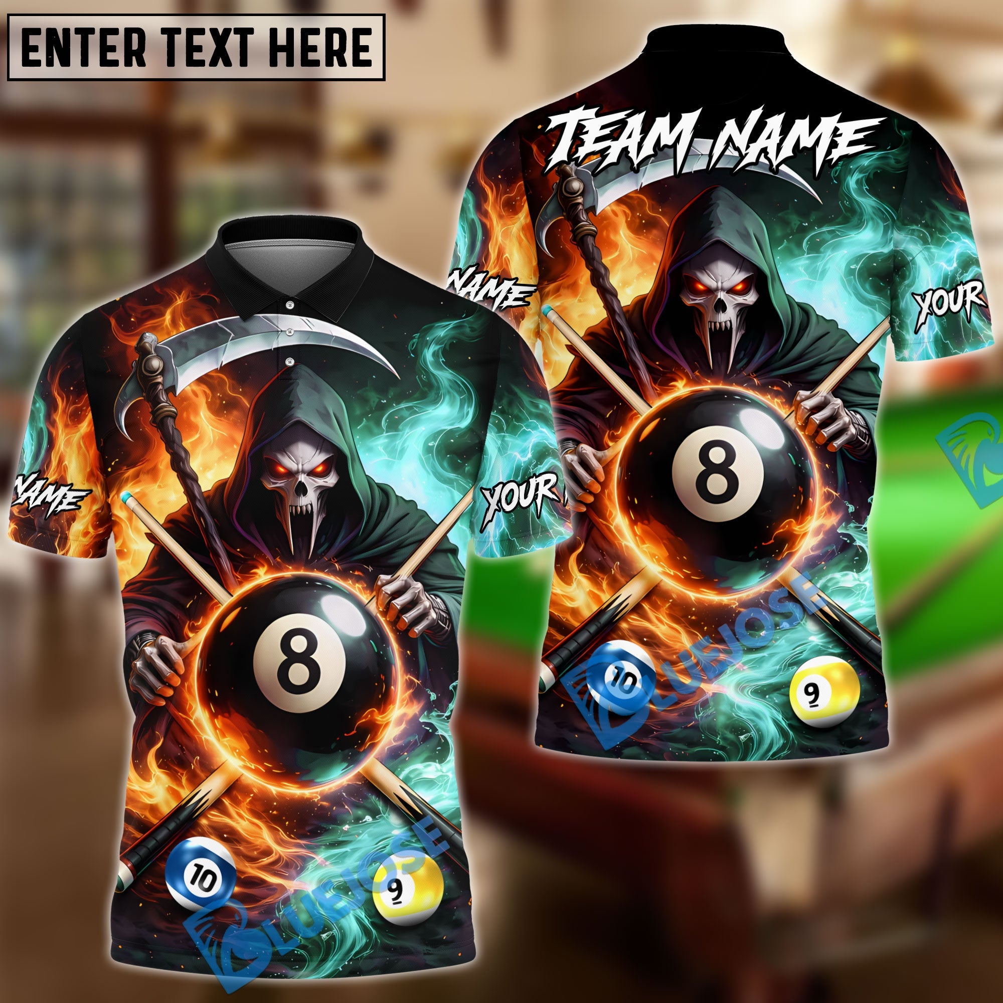 BlueJose Billiards Ball 8 & 9 & 10 Ice Smoke & Fire Reaper Skull Personalized Name Shirt (4 Colors)