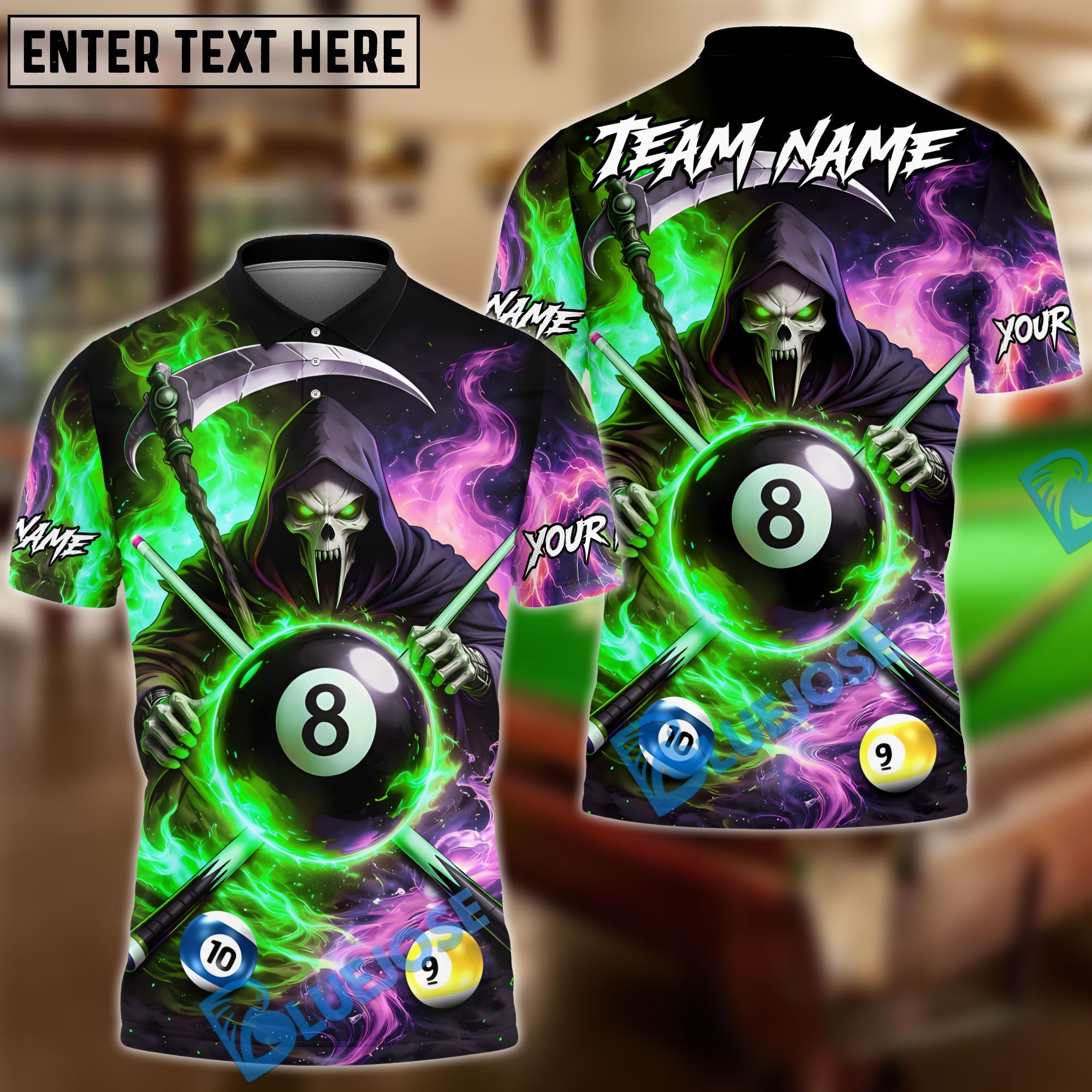 BlueJose Billiards Ball 8 & 9 & 10 Ice Smoke & Fire Reaper Skull Personalized Name Shirt (4 Colors)