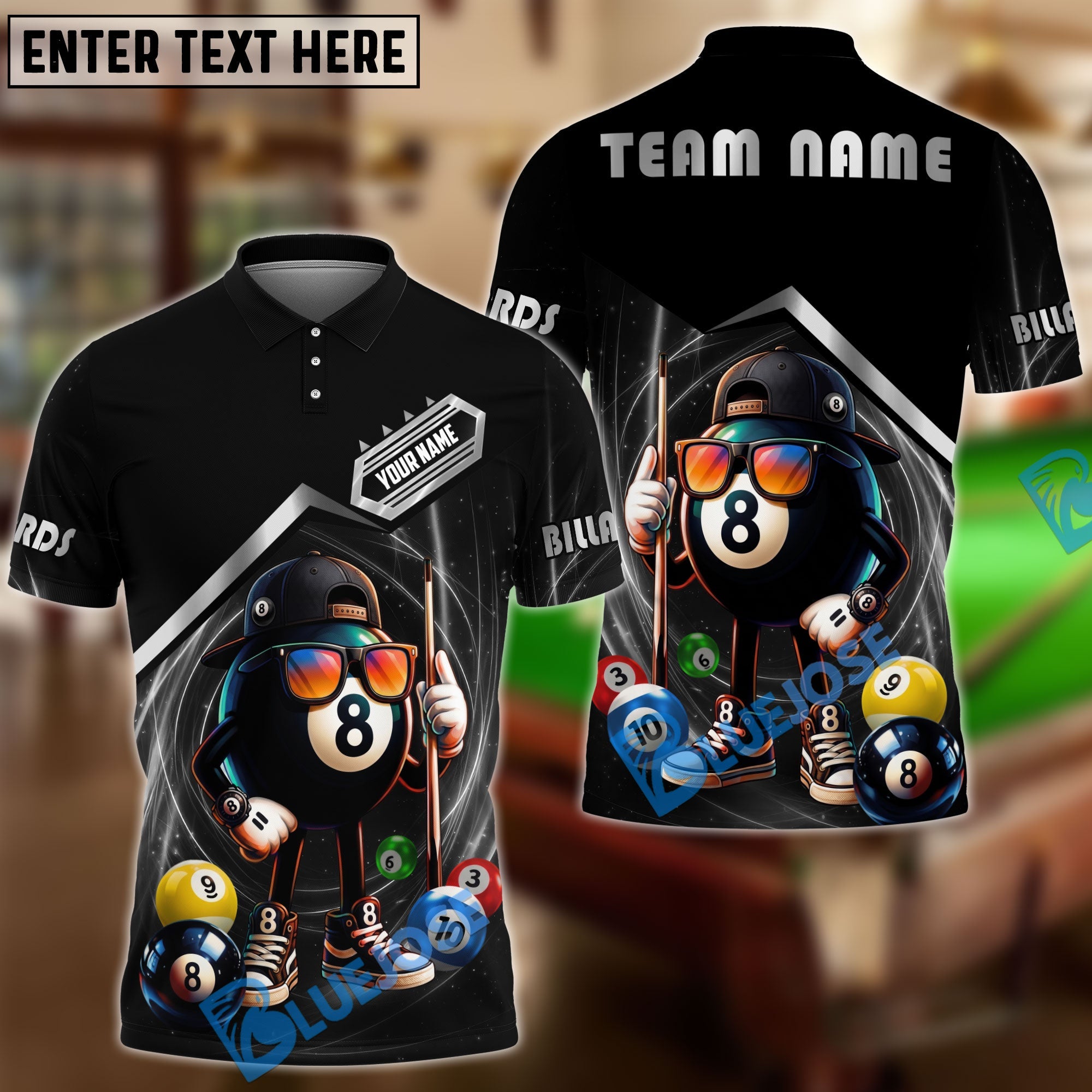 BlueJose Billiards 8 Ball Funny Character Swirl Customized Name, Team Name 3D Shirt (6 Colors)