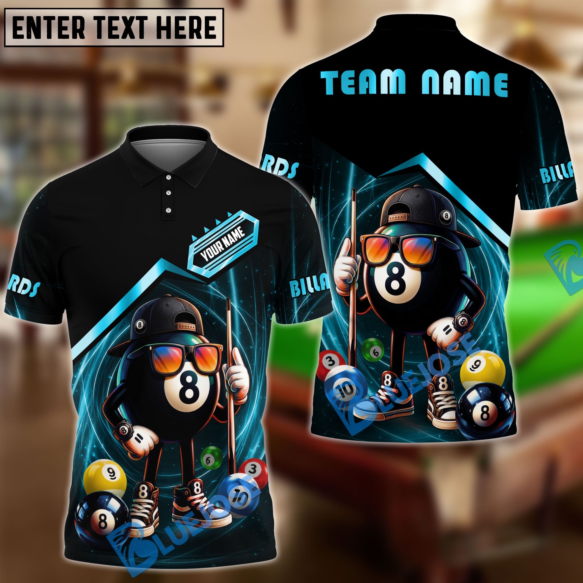 BlueJose Billiards 8 Ball Funny Character Swirl Customized Name, Team Name 3D Shirt (6 Colors)