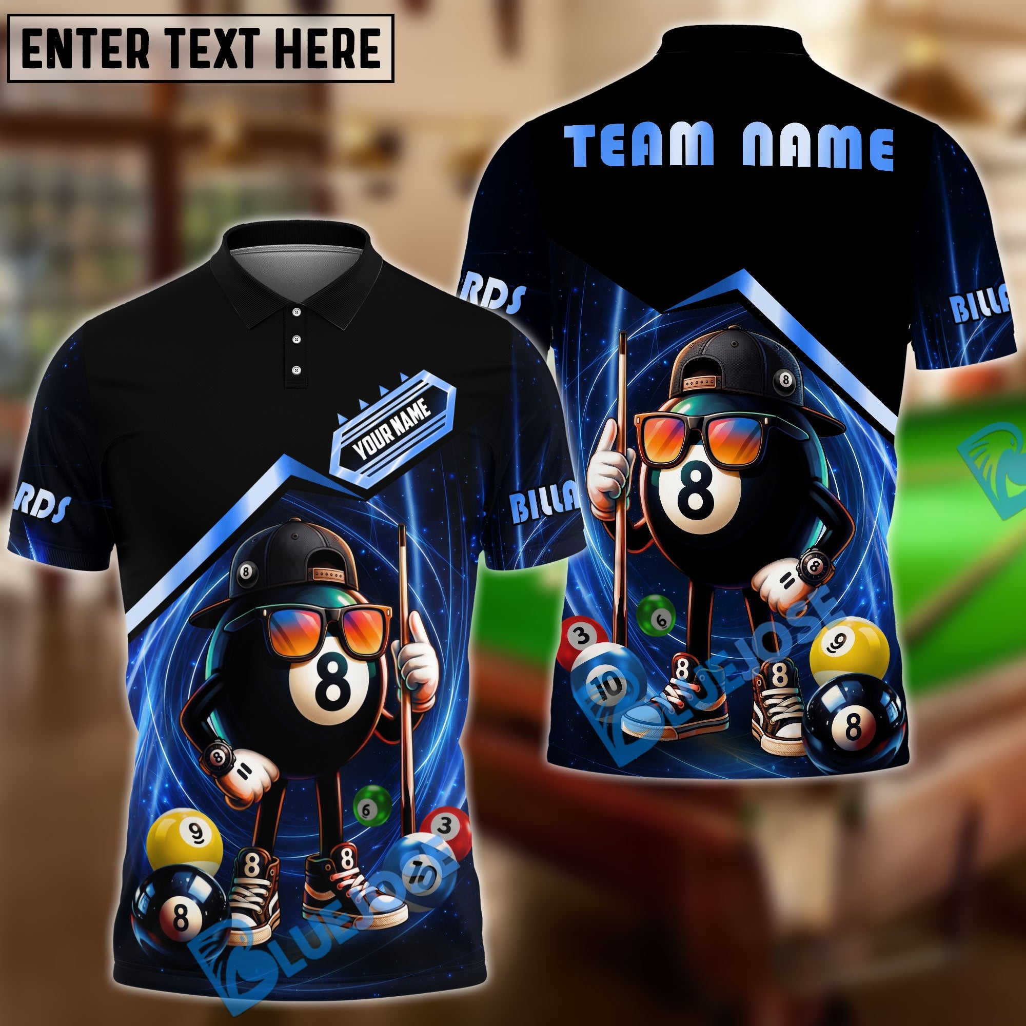 BlueJose Billiards 8 Ball Funny Character Swirl Customized Name, Team Name 3D Shirt (6 Colors)