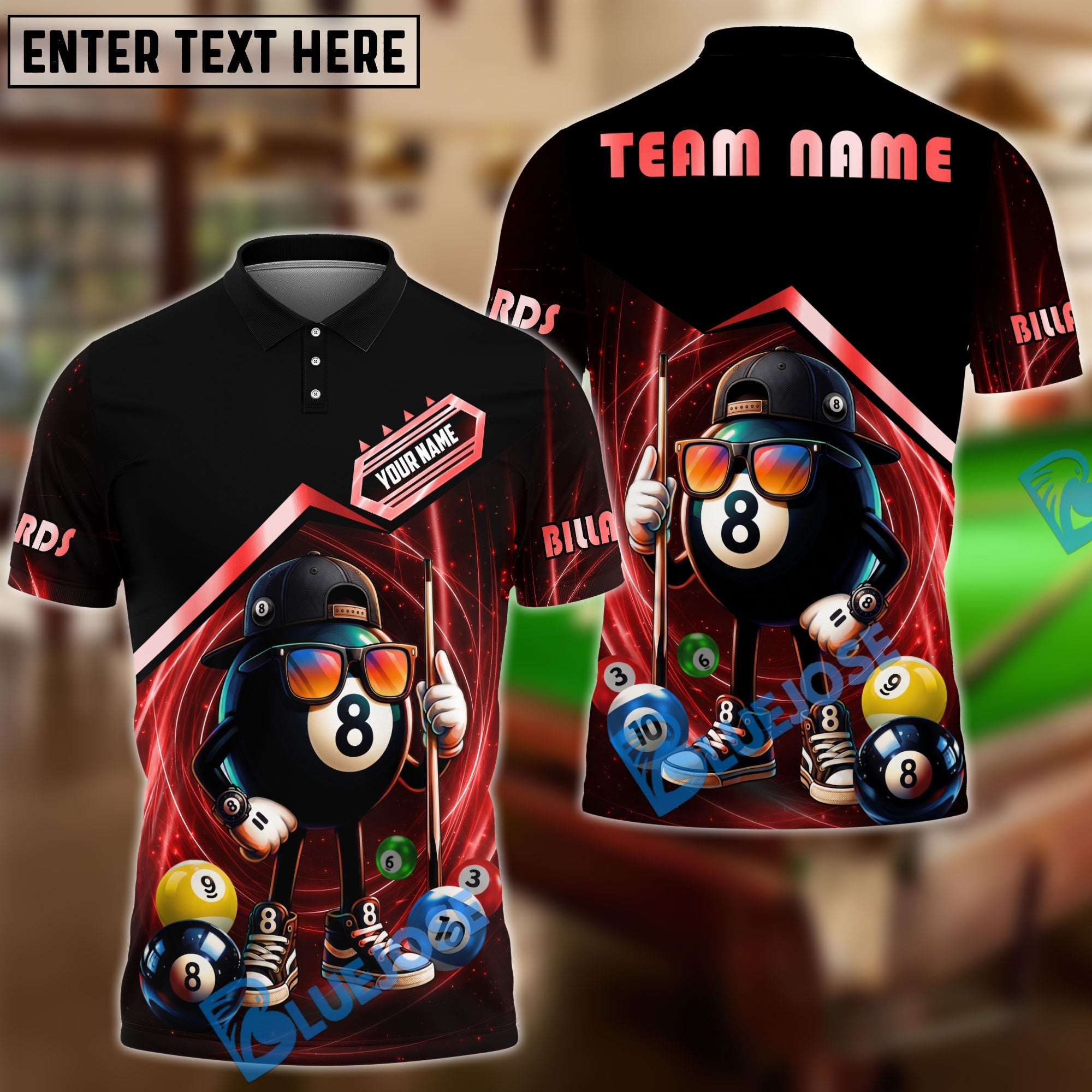 BlueJose Billiards 8 Ball Funny Character Swirl Customized Name, Team Name 3D Shirt (6 Colors)