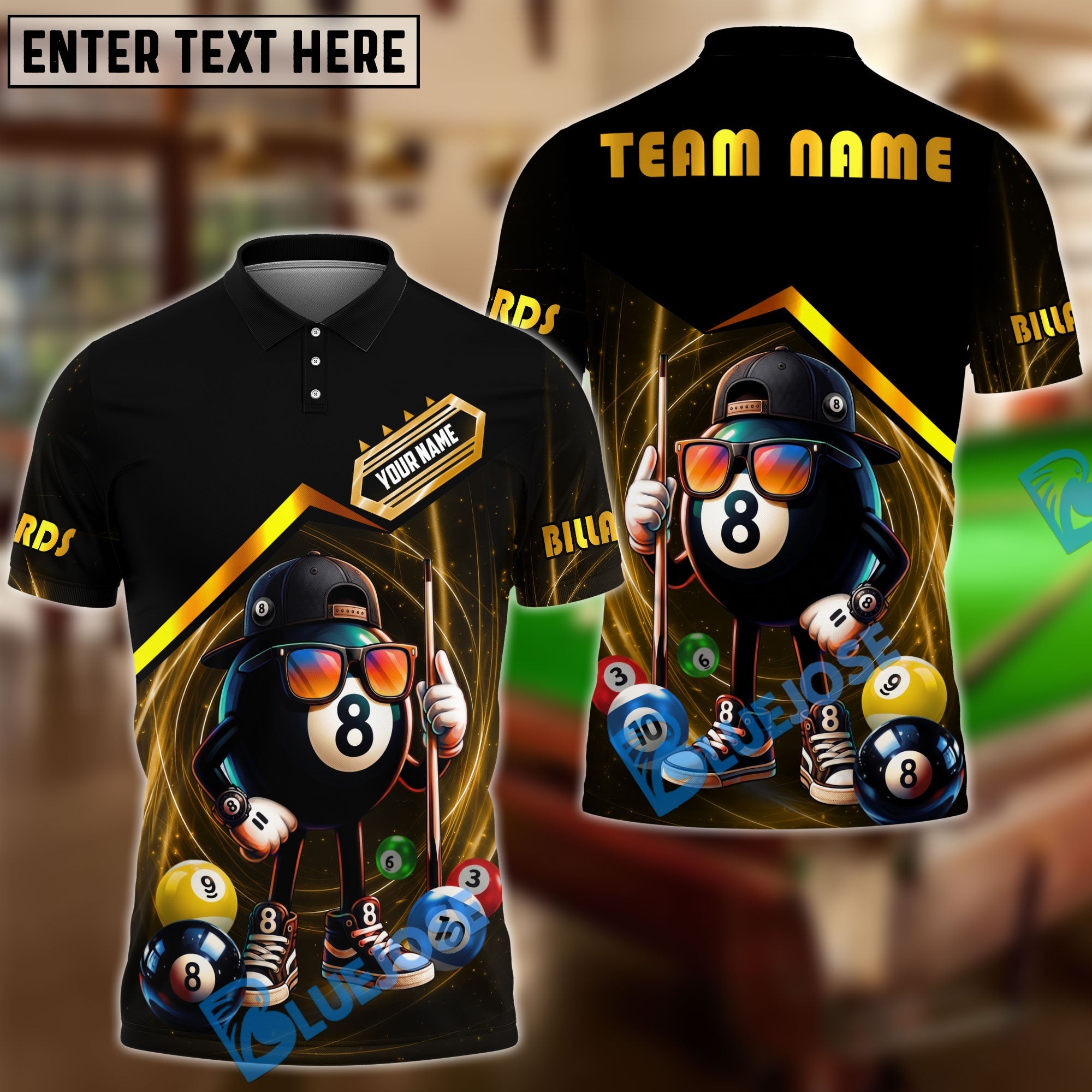 BlueJose Billiards 8 Ball Funny Character Swirl Customized Name, Team Name 3D Shirt (6 Colors)