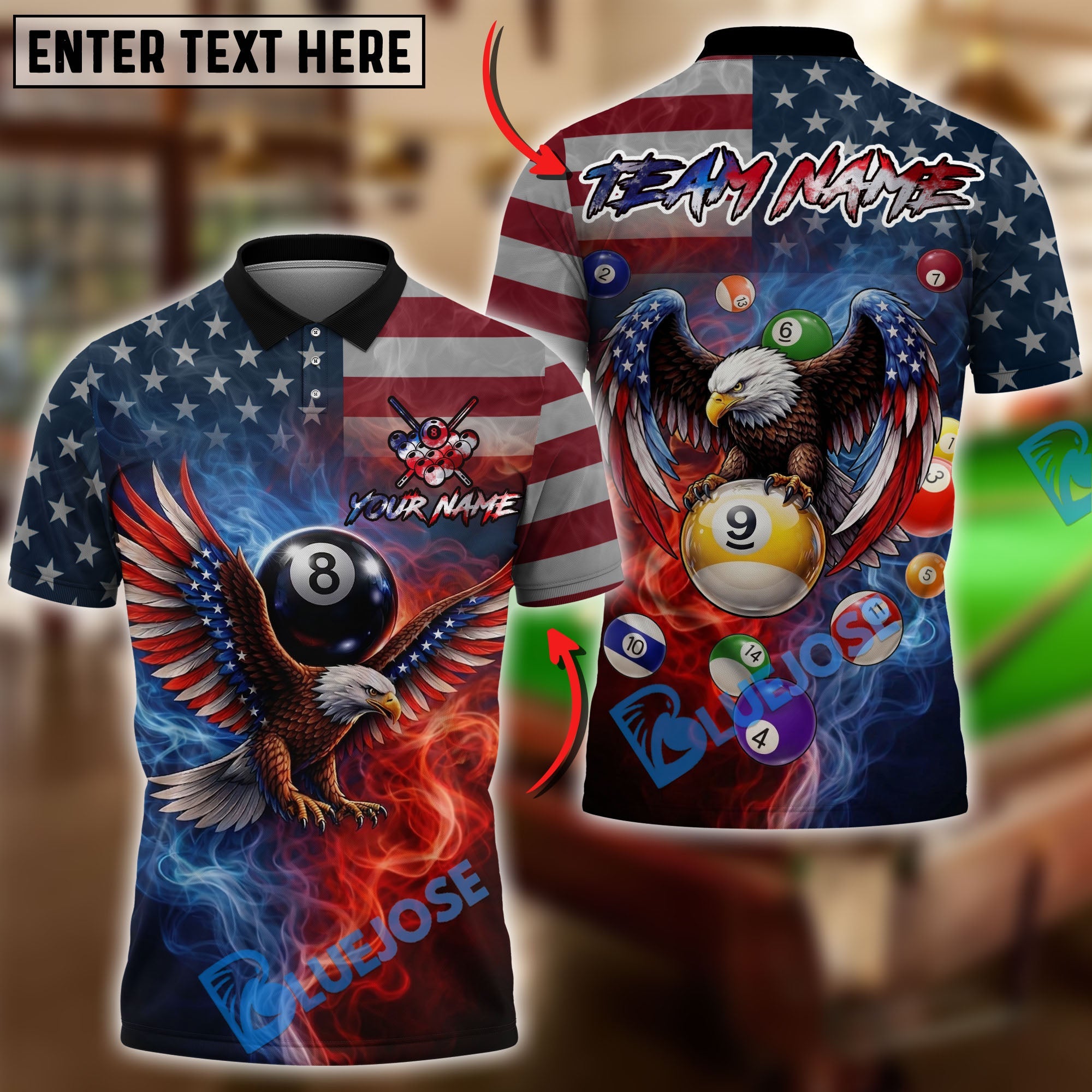 BlueJose Billiards American 8 Ball 9 Ball Patriotic Eagle Strike Design Personalized Shirt