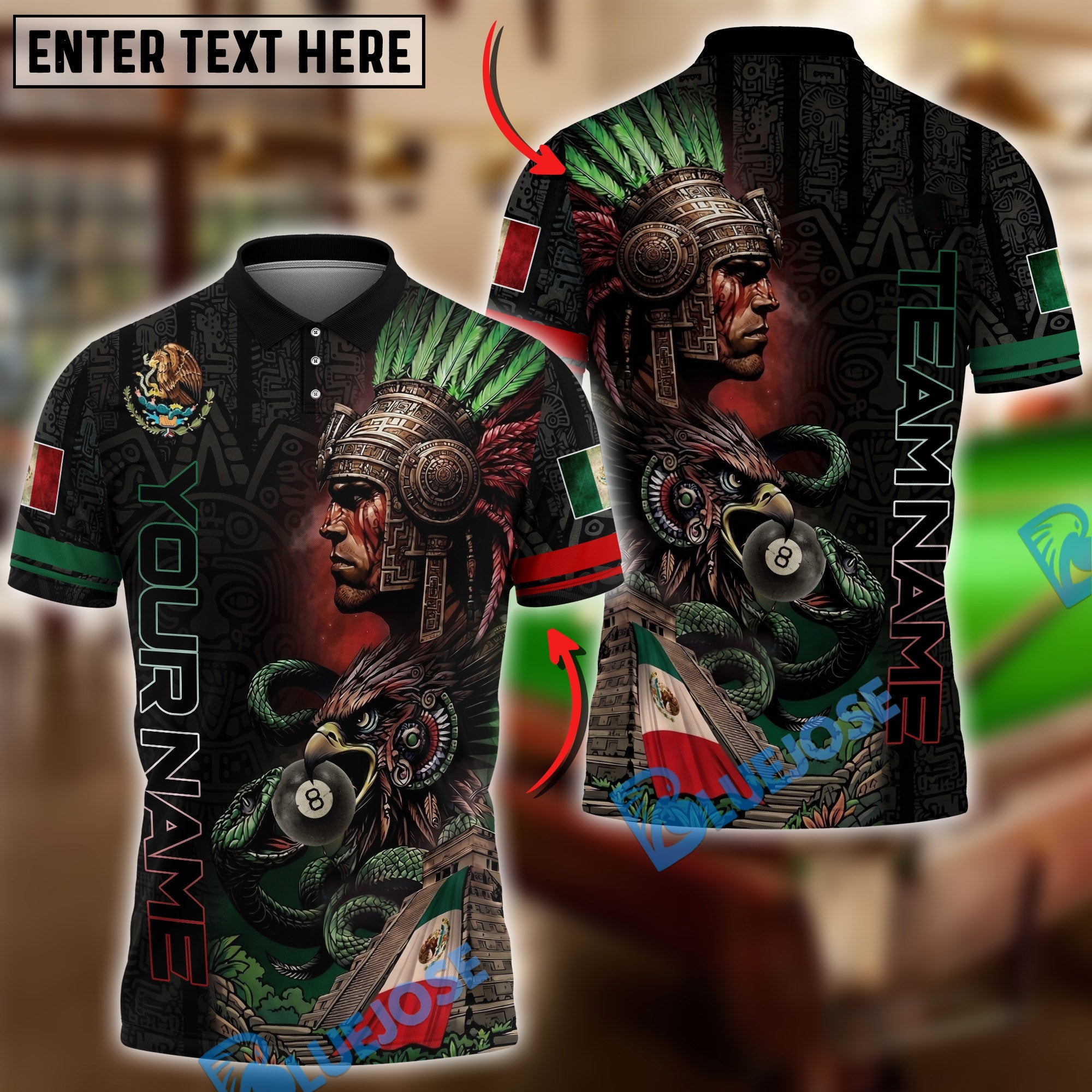 BlueJose Billiards 8 Ball Aztec Warrior Spirit Pride Mexico Eagle Serpent Design Personalized Shirt