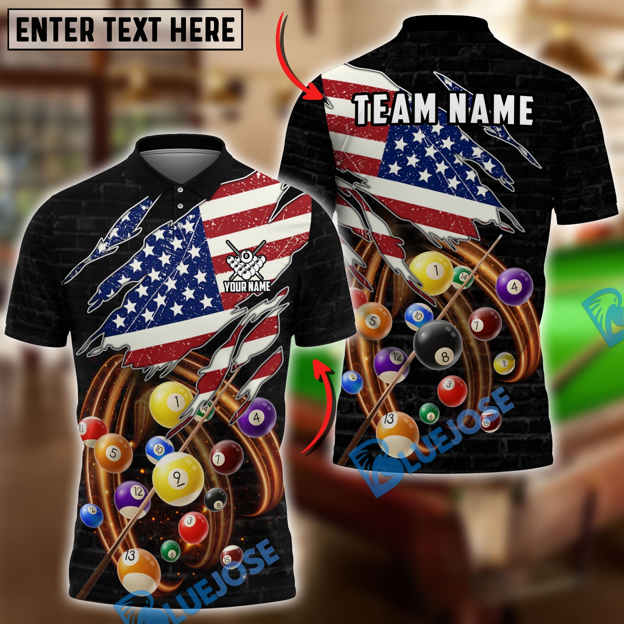 BlueJose Billiards 8 Ball American Flag Spinning Balls Torn Effect Design Personalized Shirt