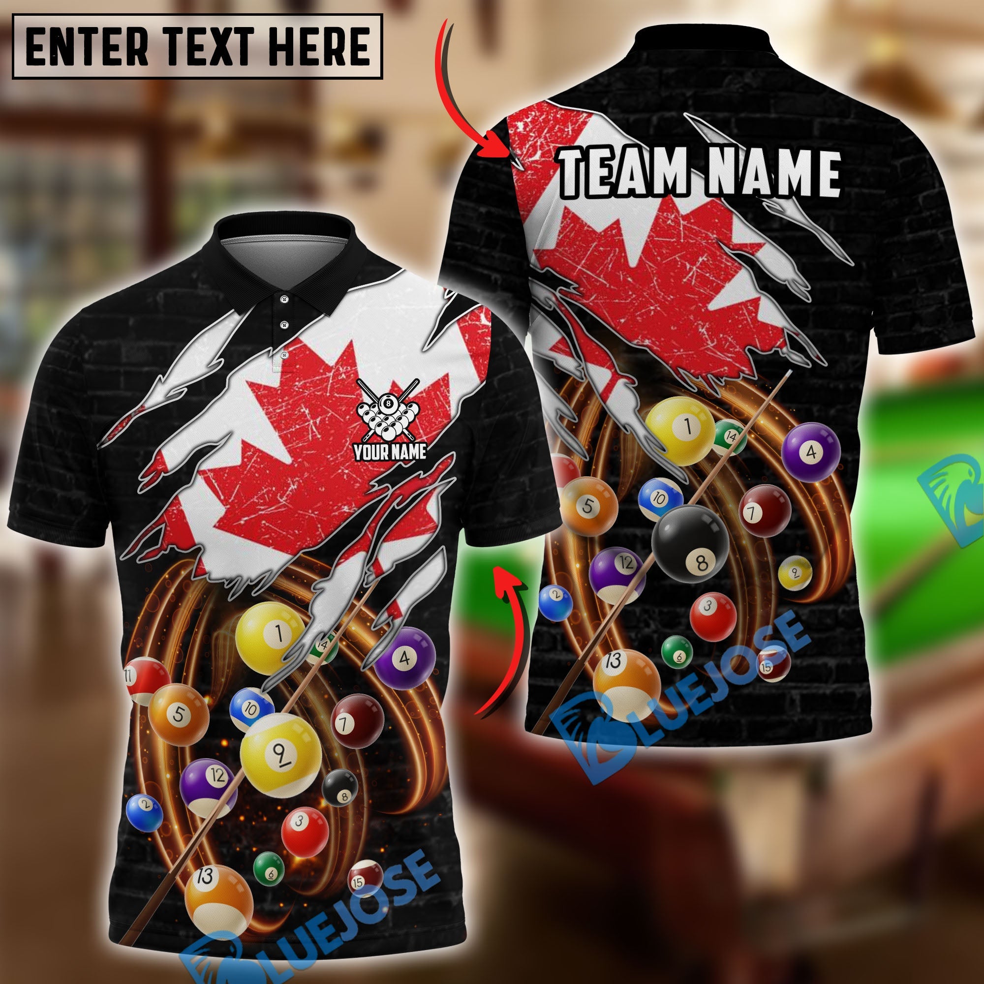 BlueJose Billiards 8 Ball Canadian Flag Spinning Balls Torn Effect Design Personalized Shirt