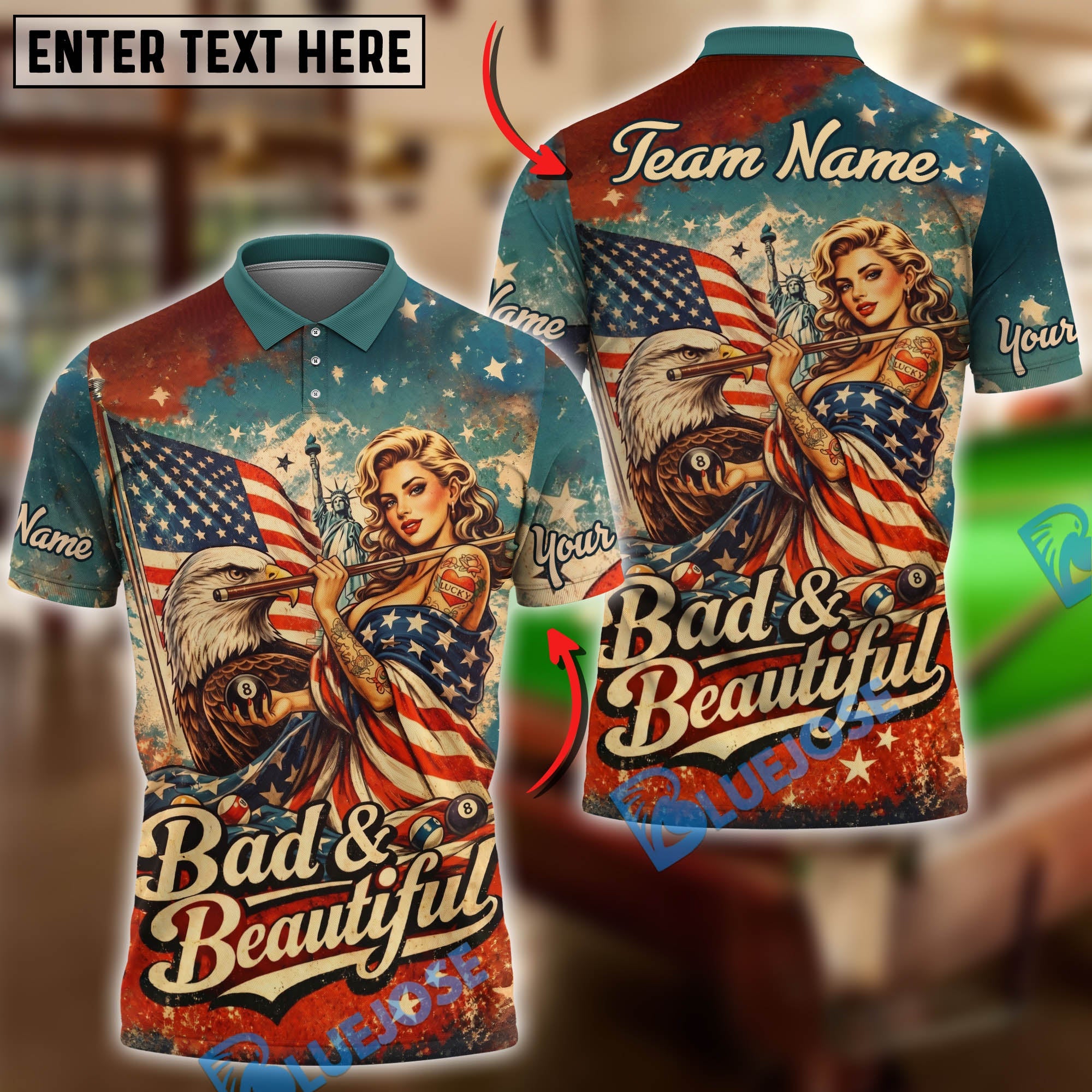 BlueJose Billiards 8 Ball American Flag Vintage "Bad & Beautiful" Patriotic Personalized Shirt