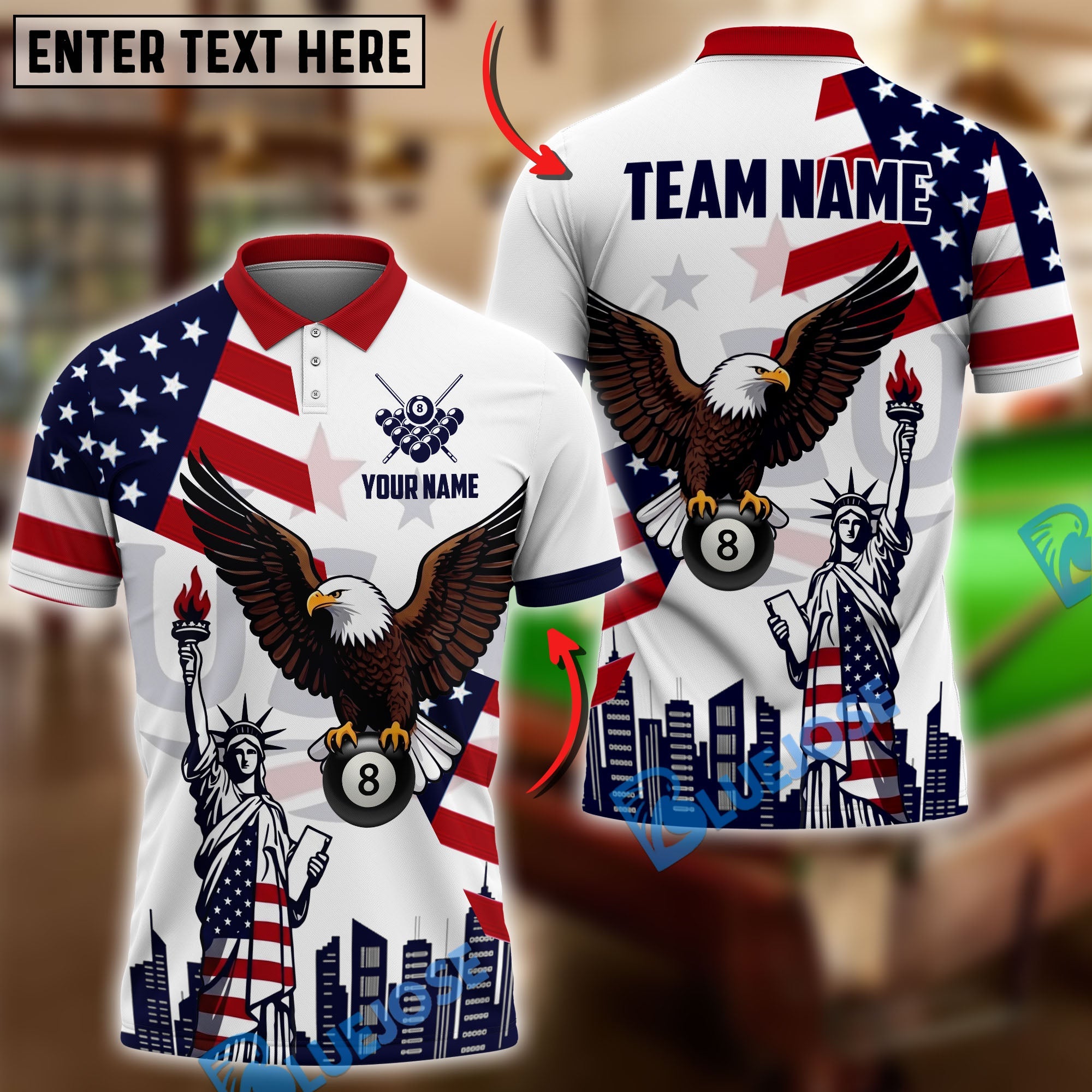 BlueJose Billiards 8 Ball American Flag Eagle Liberty Pool Master Personalized Shirt
