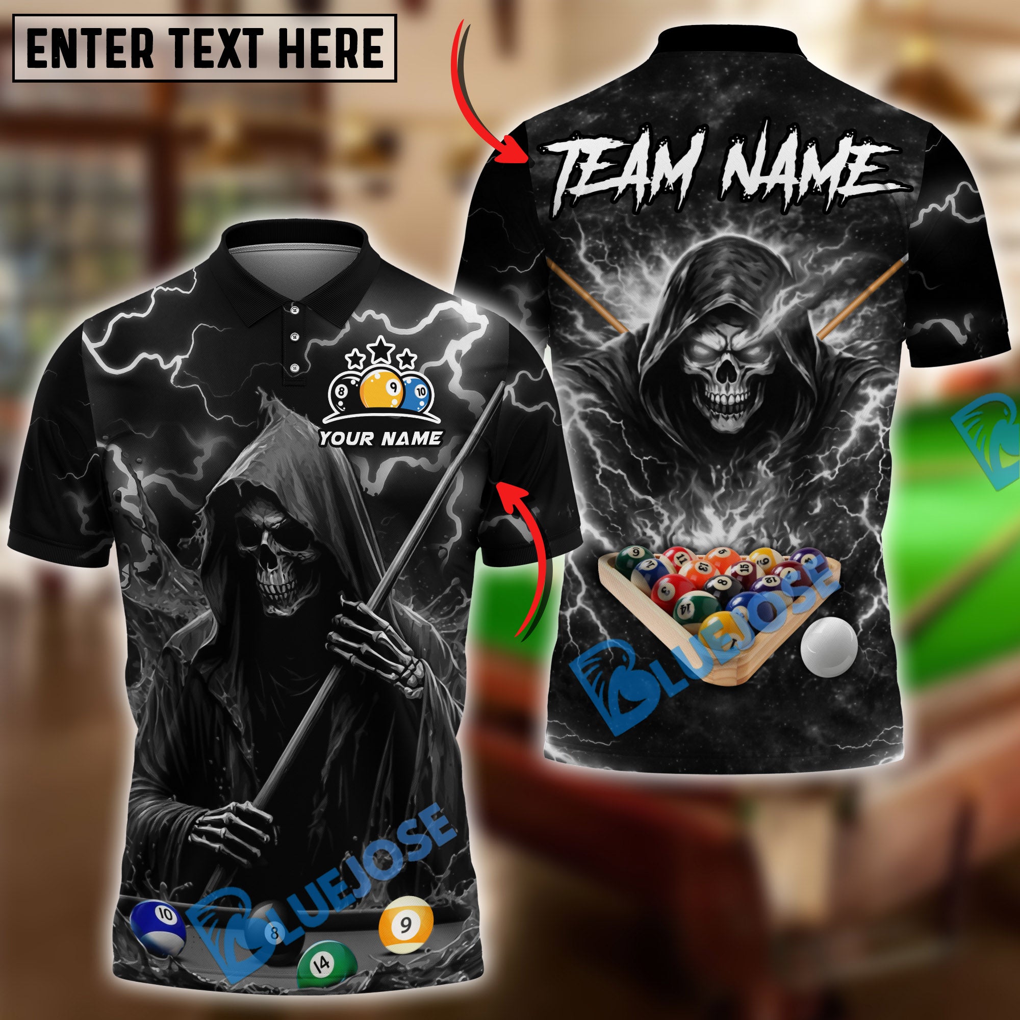 BlueJose Billiards 8 Ball Thunder Midnight Reaper Pool Master Customized Name, Team Name 3D Shirt (6 Colors)