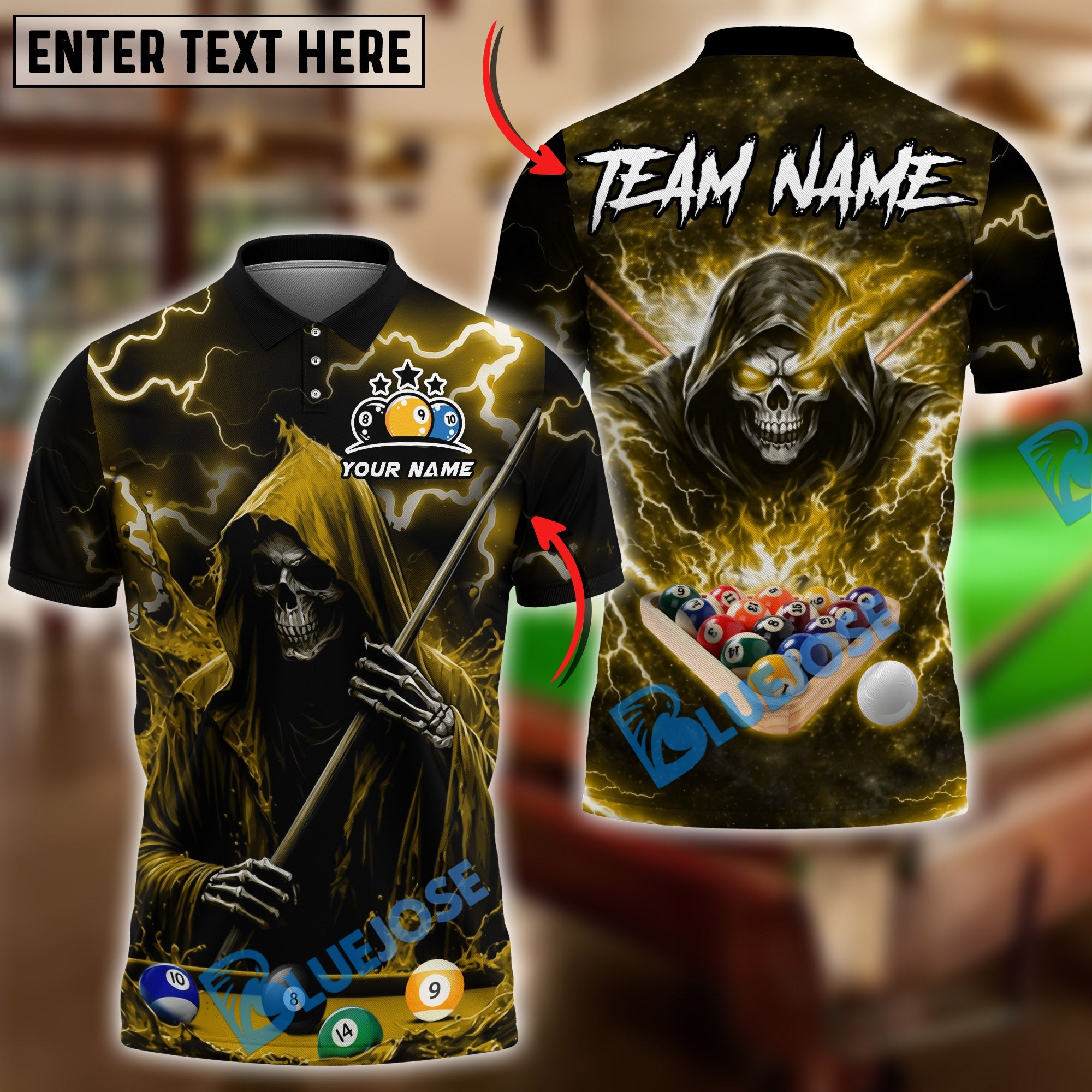 BlueJose Billiards 8 Ball Thunder Midnight Reaper Pool Master Customized Name, Team Name 3D Shirt (6 Colors)
