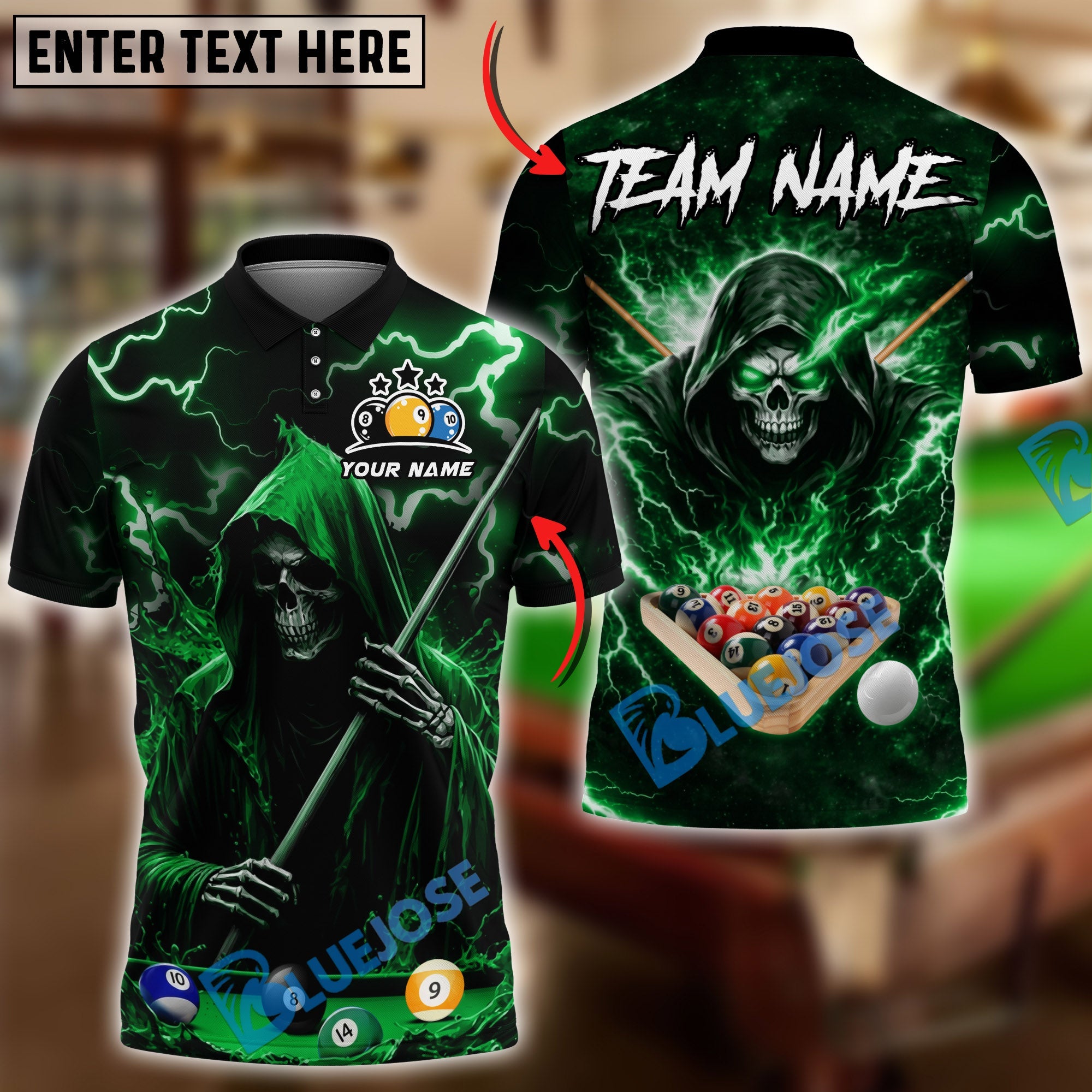 BlueJose Billiards 8 Ball Thunder Midnight Reaper Pool Master Customized Name, Team Name 3D Shirt (6 Colors)