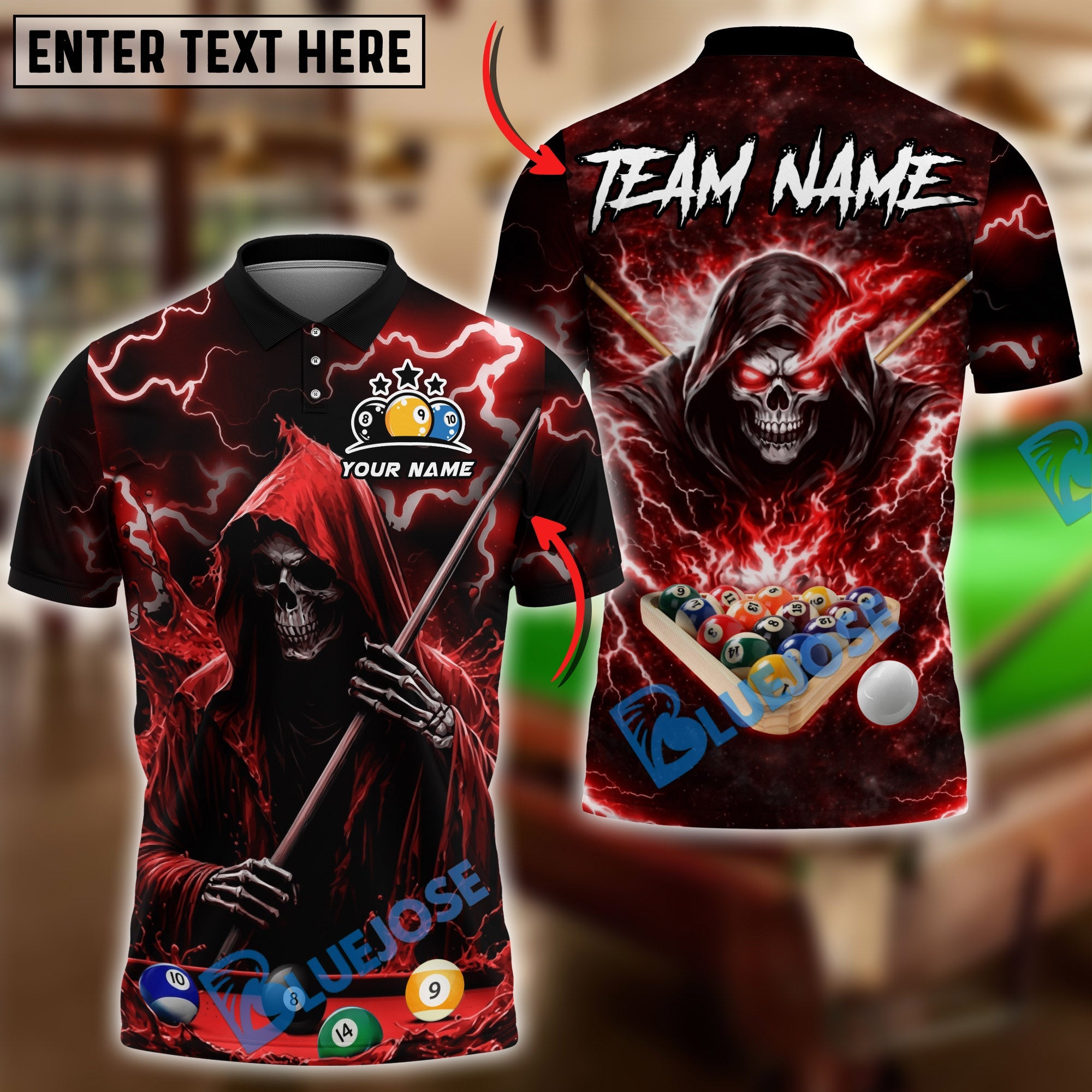 BlueJose Billiards 8 Ball Thunder Midnight Reaper Pool Master Customized Name, Team Name 3D Shirt (6 Colors)
