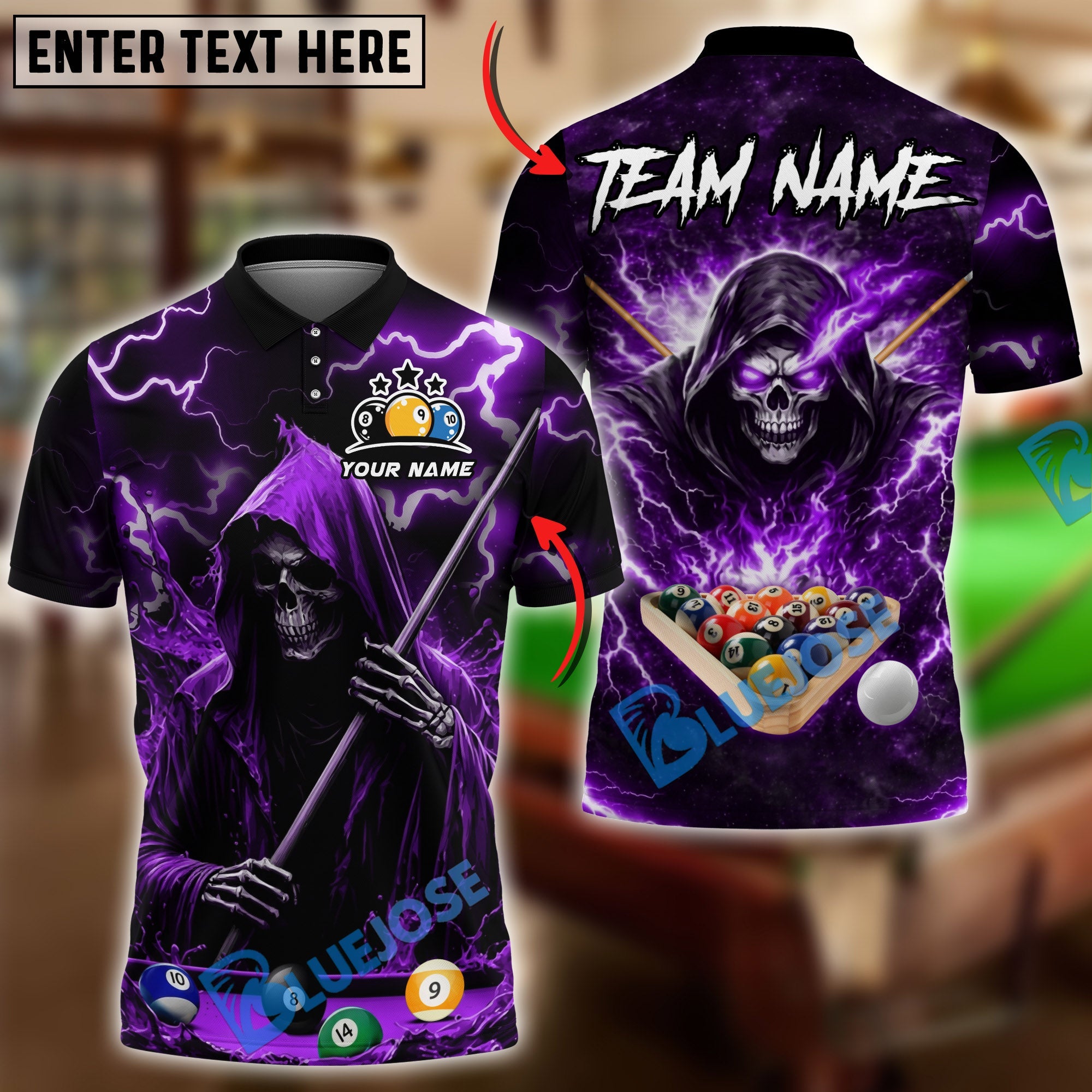 BlueJose Billiards 8 Ball Thunder Midnight Reaper Pool Master Customized Name, Team Name 3D Shirt (6 Colors)