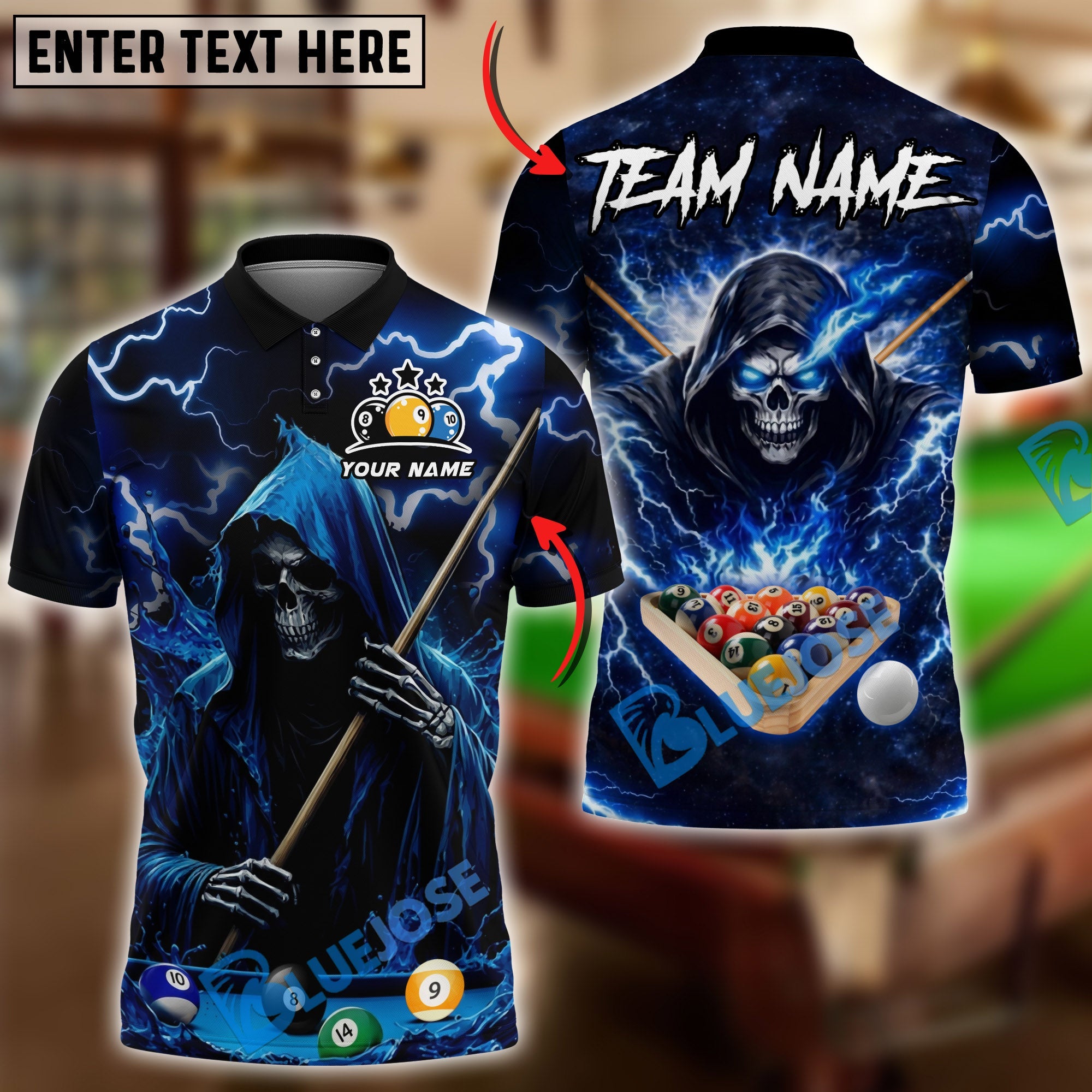 BlueJose Billiards 8 Ball Thunder Midnight Reaper Pool Master Customized Name, Team Name 3D Shirt (6 Colors)