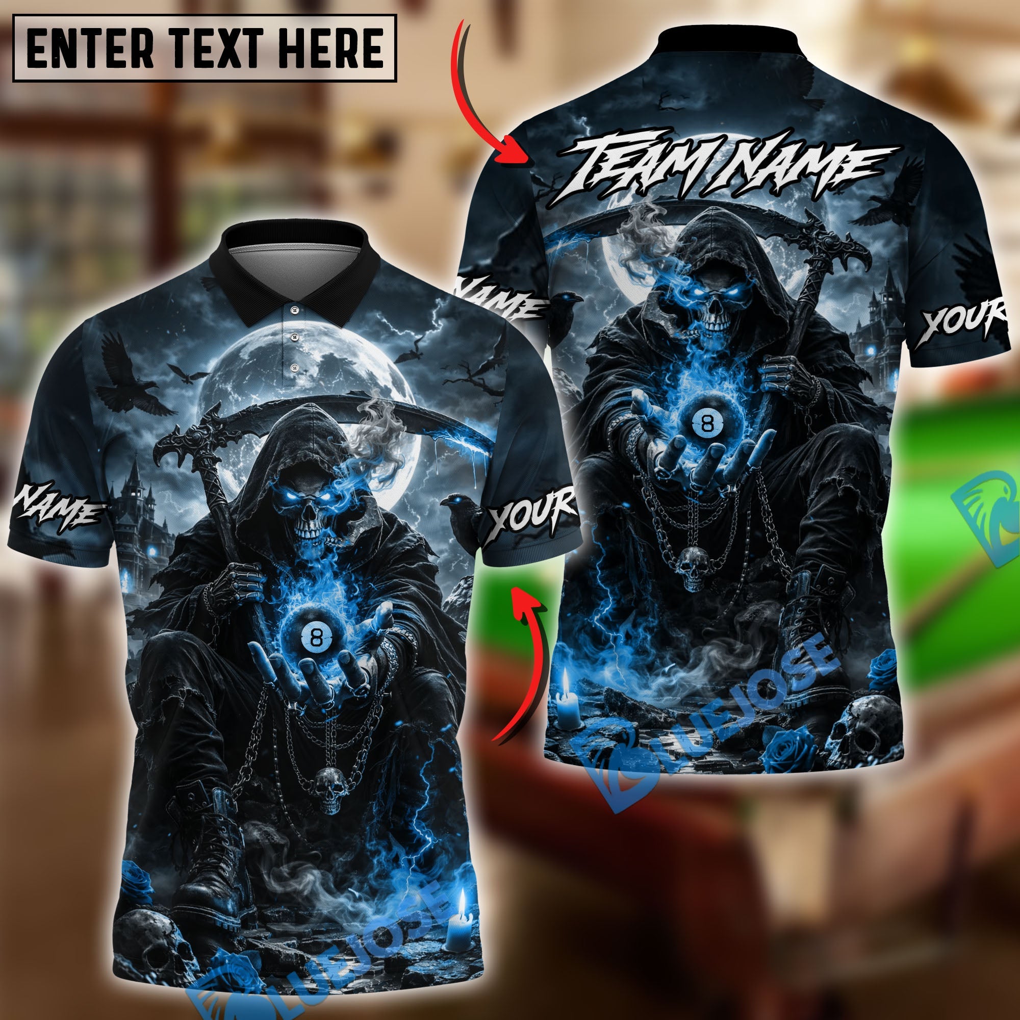BlueJose Billiards Ball 8 Dark Ember Reaper Personalized Name Shirt (4 Colors)