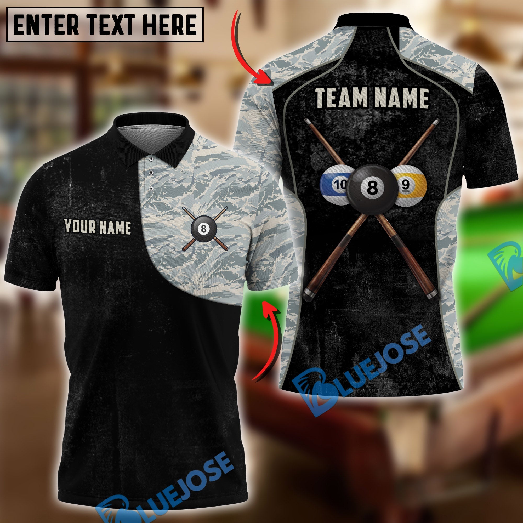 BlueJose Billiards Ball 8 Tactical Camouflage Combat Personalized Name Shirt (4 Colors)