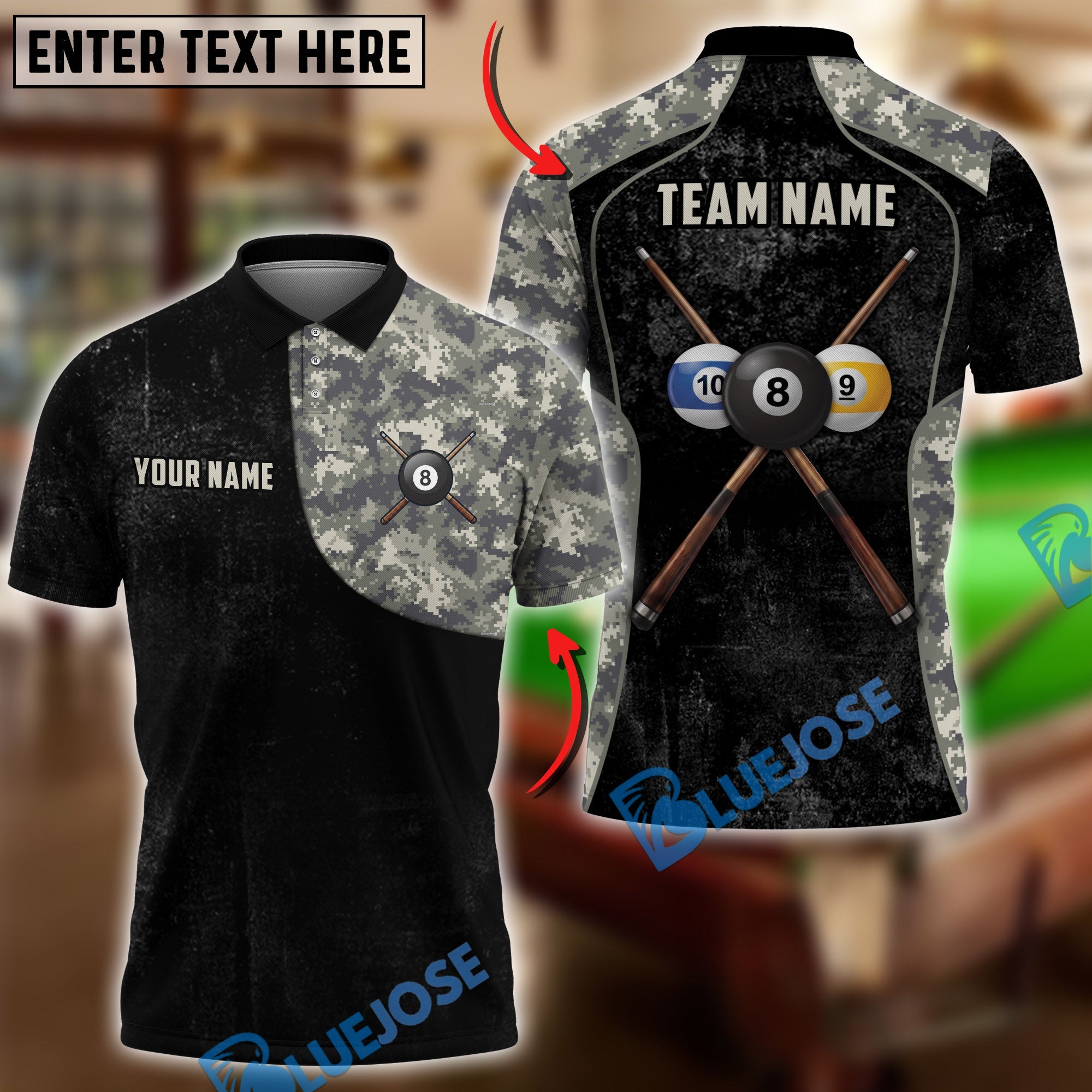 BlueJose Billiards Ball 8 Tactical Camouflage Combat Personalized Name Shirt (4 Colors)