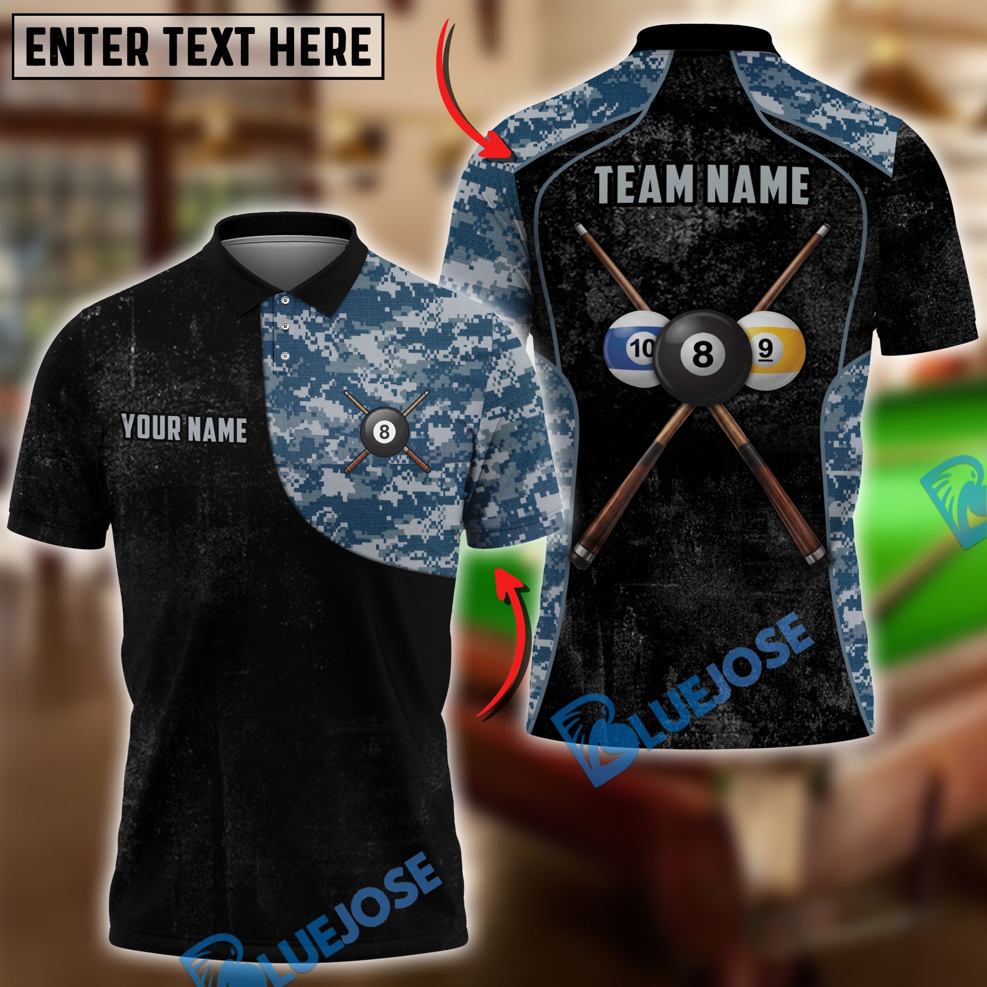 BlueJose Billiards Ball 8 Tactical Camouflage Combat Personalized Name Shirt (4 Colors)