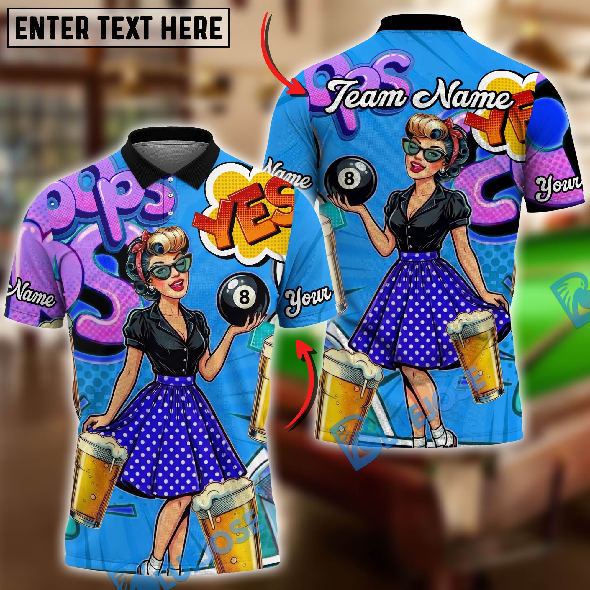 BlueJose Billiards 8 Ball Pin-up Beauty & Beer Retro Customized Name, Team Name 3D Shirt (6 Colors)