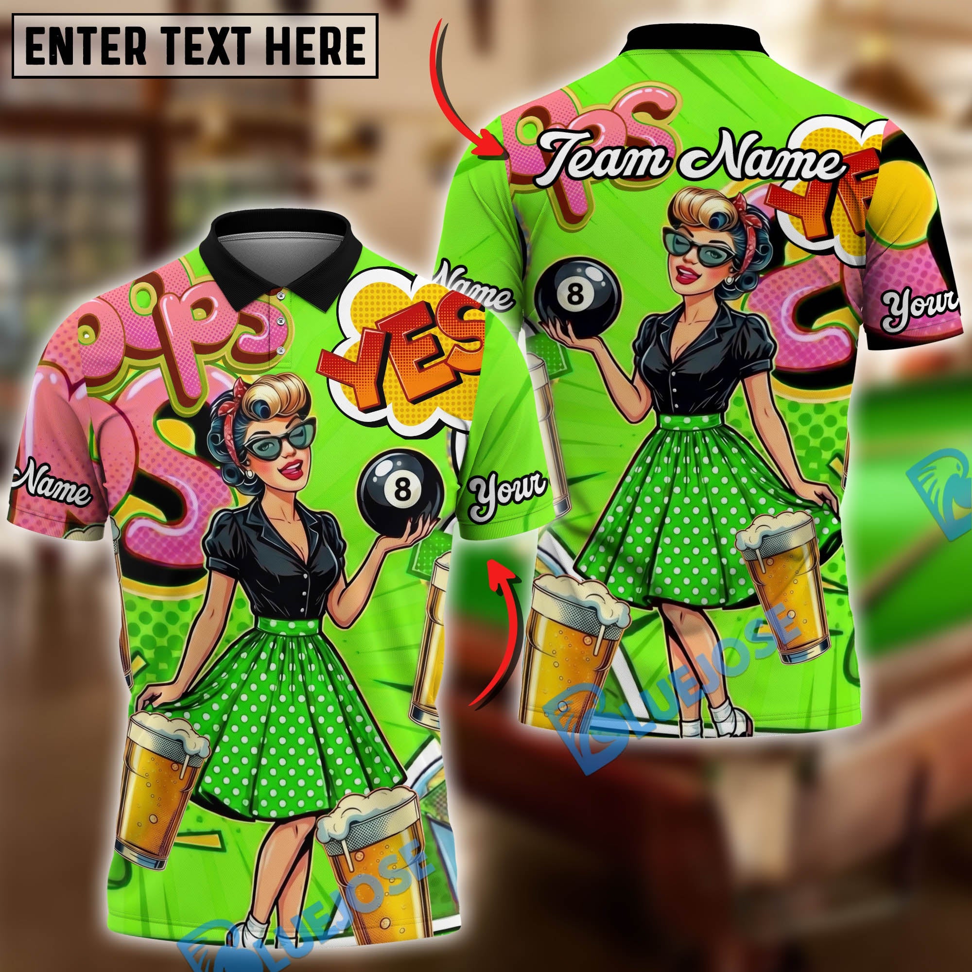 BlueJose Billiards 8 Ball Pin-up Beauty & Beer Retro Customized Name, Team Name 3D Shirt (6 Colors)