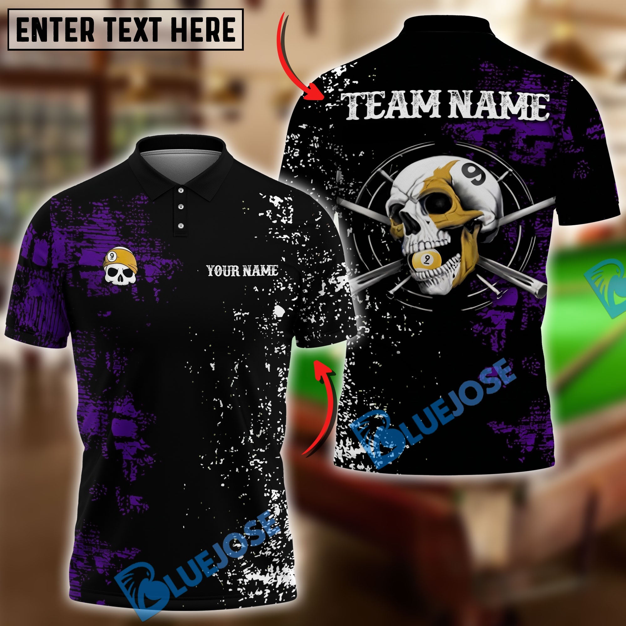 BlueJose Billiards Ball 9 Grunge Skull Chew Personalized Name Shirt (6 Colors)