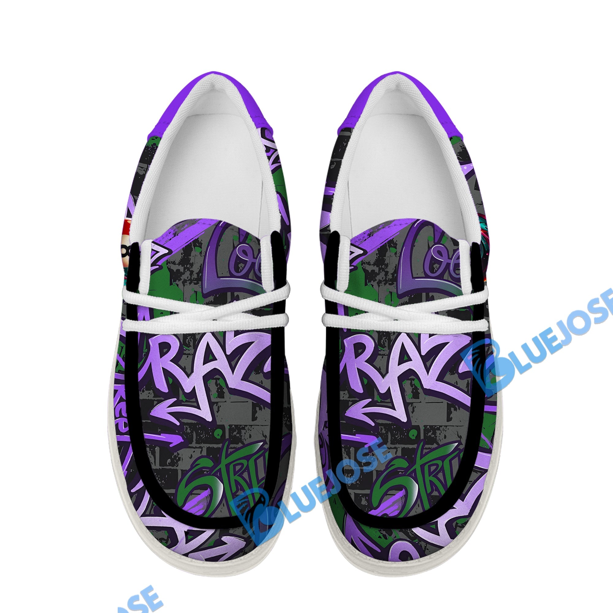 BlueJose Billiards Ball 8 Graffiti Street White Purple Green Canvas Loafer Shoes