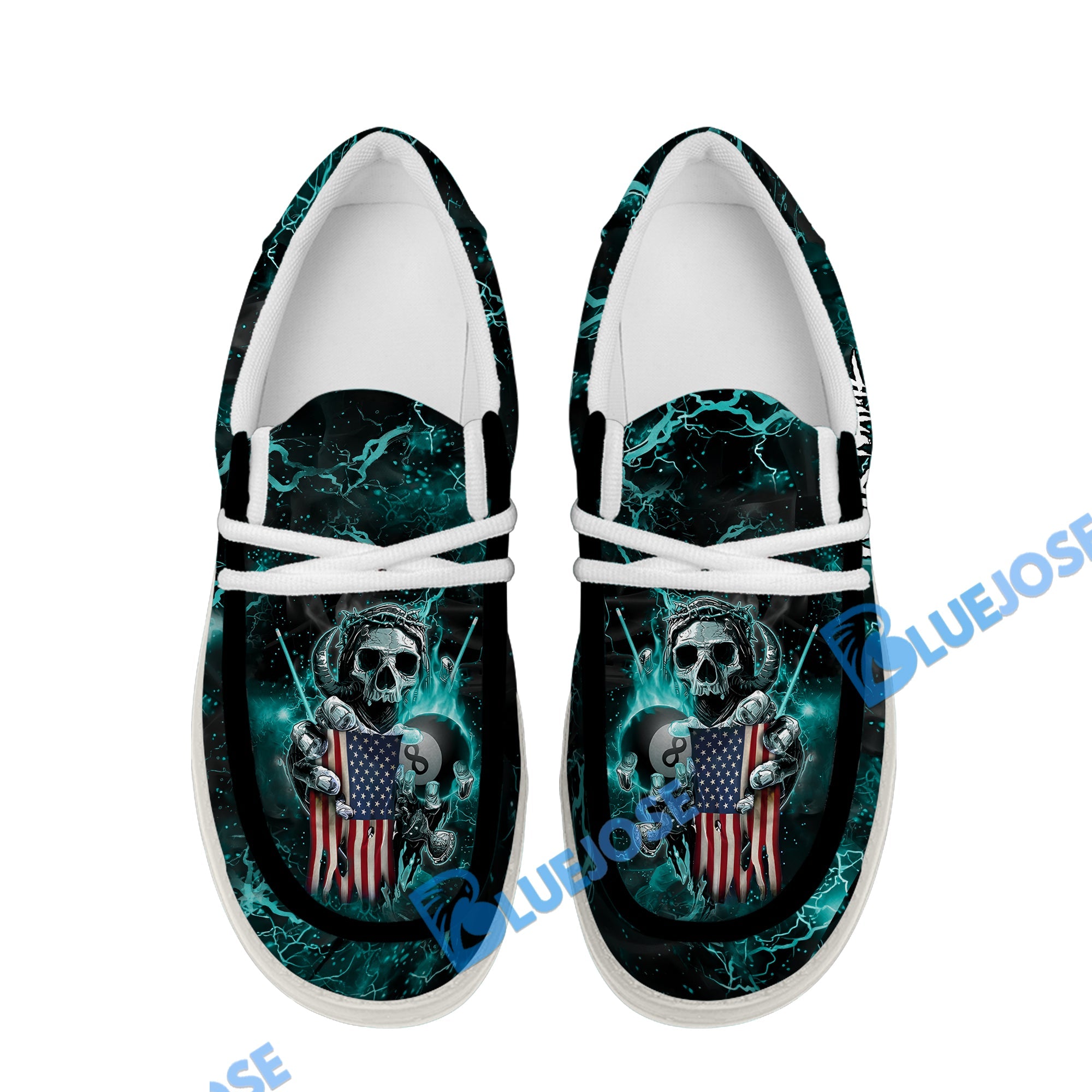 BlueJose Billiards Ball 8 Fire Skull US Flag Cyan White Canvas Loafer Shoes