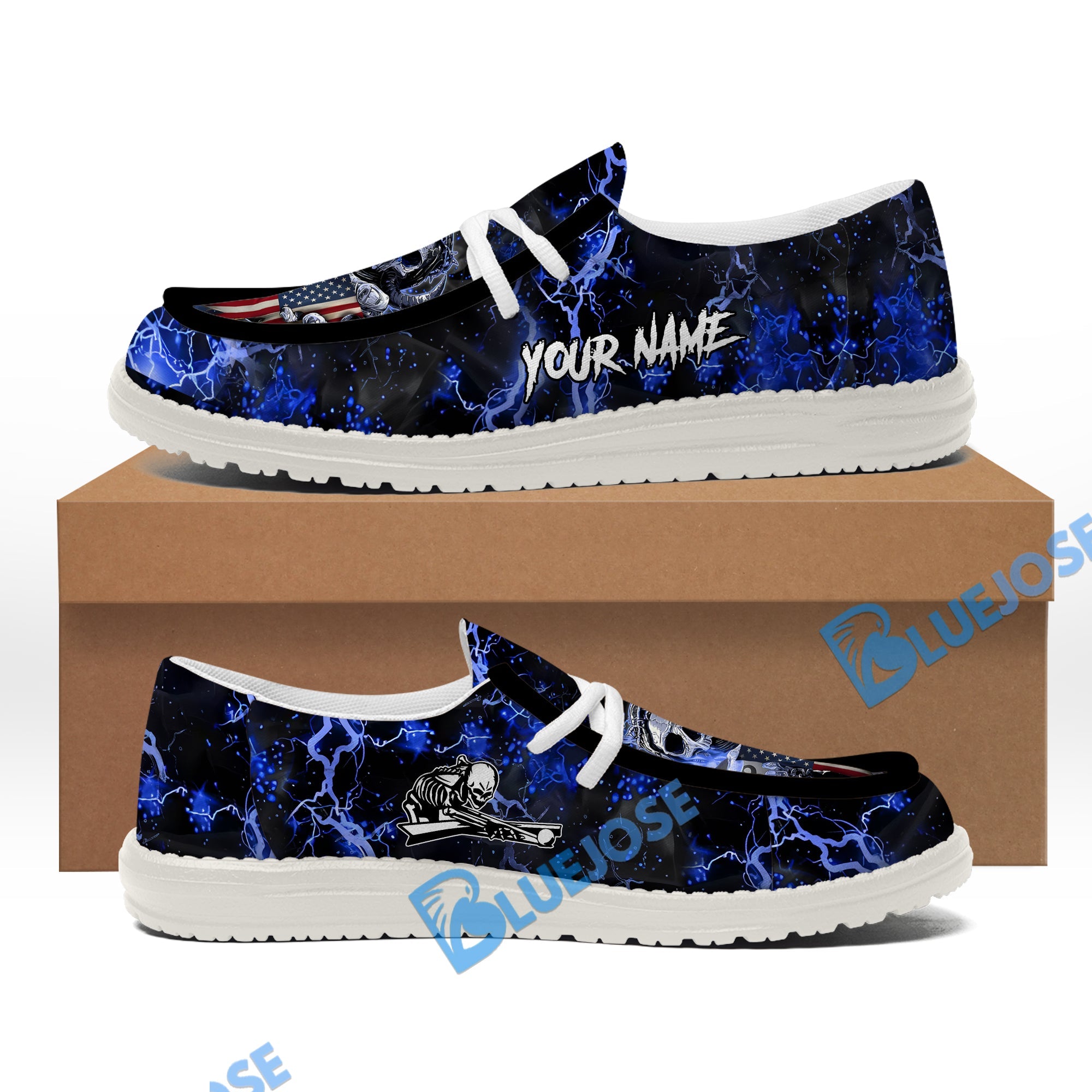 BlueJose Billiards Ball 8 Fire Skull US Flag Blue White Canvas Loafer Shoes