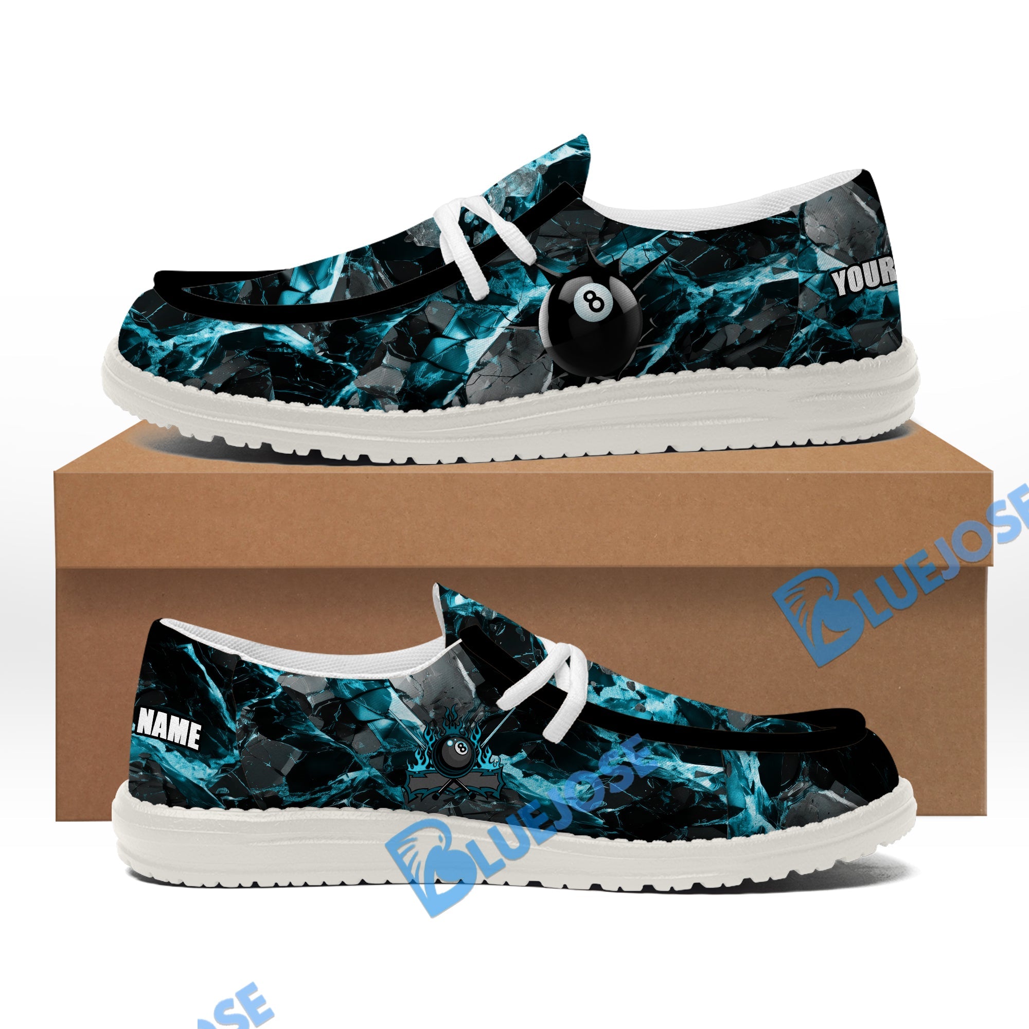 BlueJose Billiards Ball 8 Cyan Dark Material White Canvas Loafer Shoes