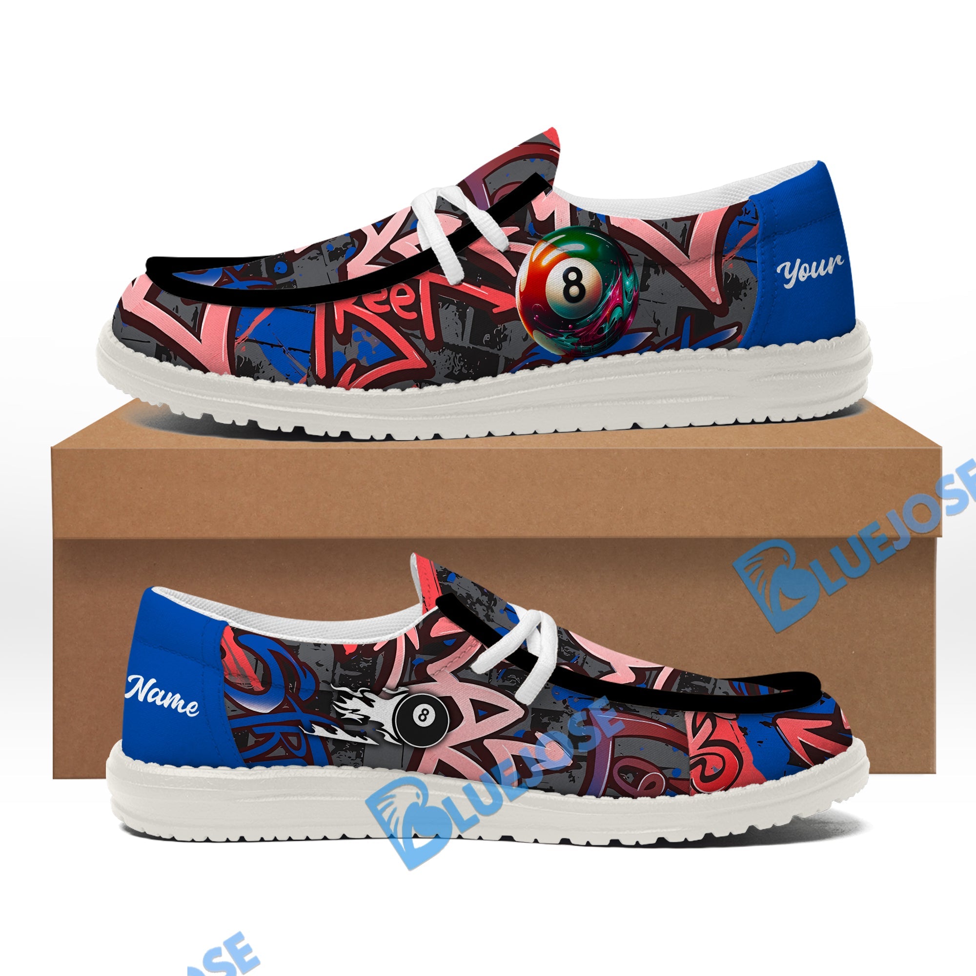 BlueJose Billiards Ball 8 Graffiti Street White Red Blue Canvas Loafer Shoes
